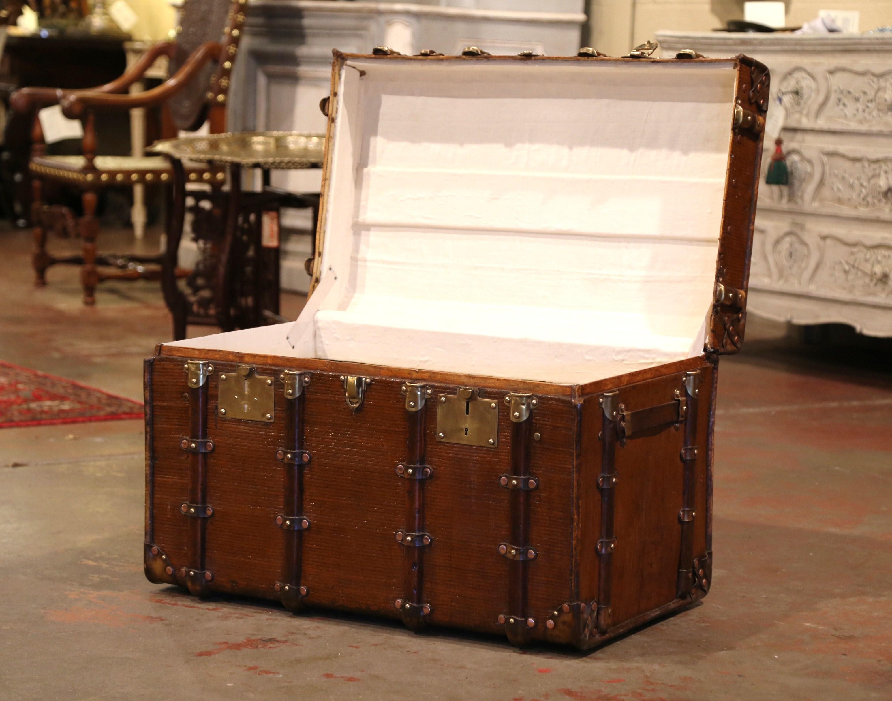 Hand-Crafted 19th Century French Iron Brass and Leather Travel Trunk