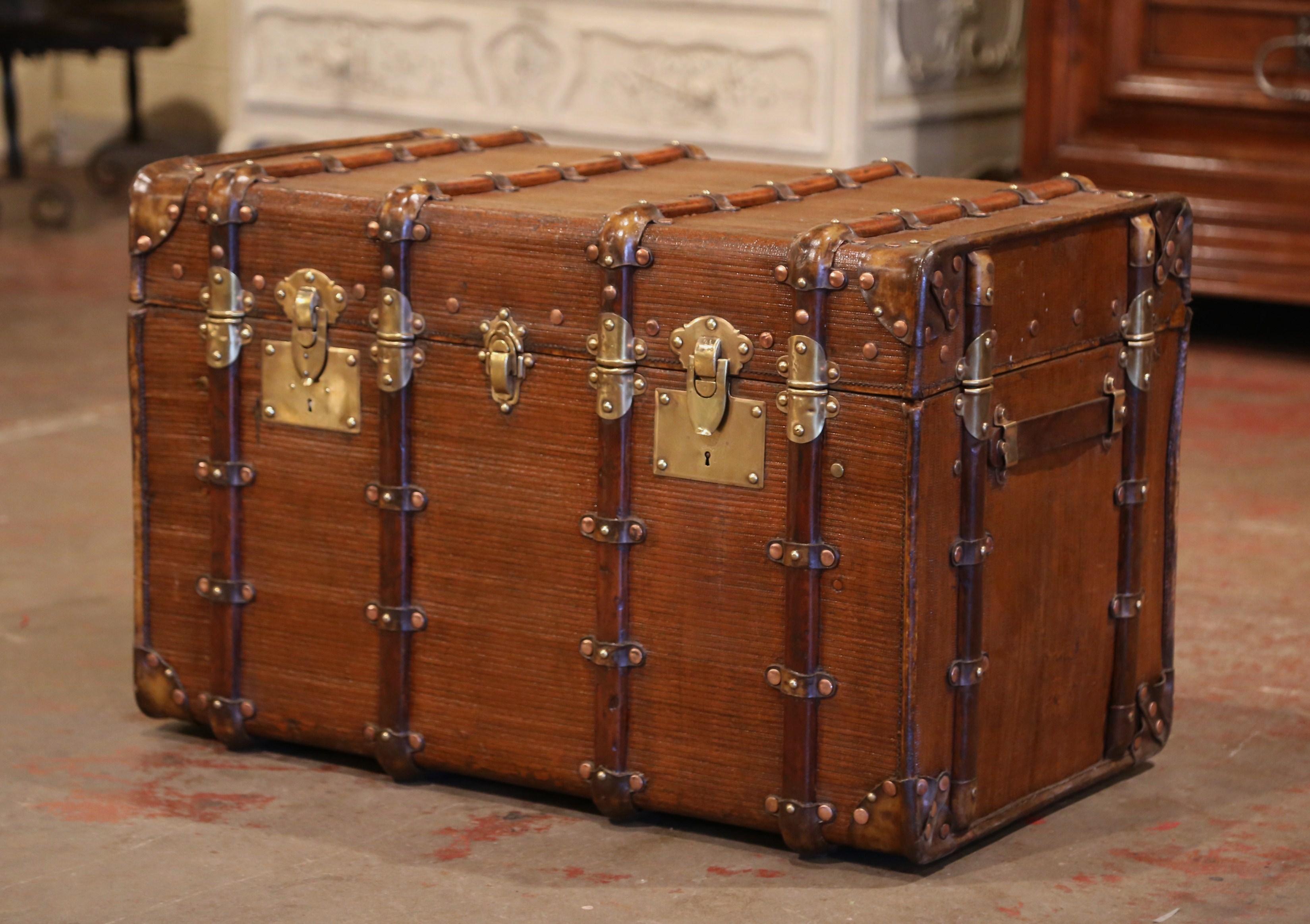 19th Century French Iron Brass and Leather Travel Trunk In Excellent Condition In Dallas, TX