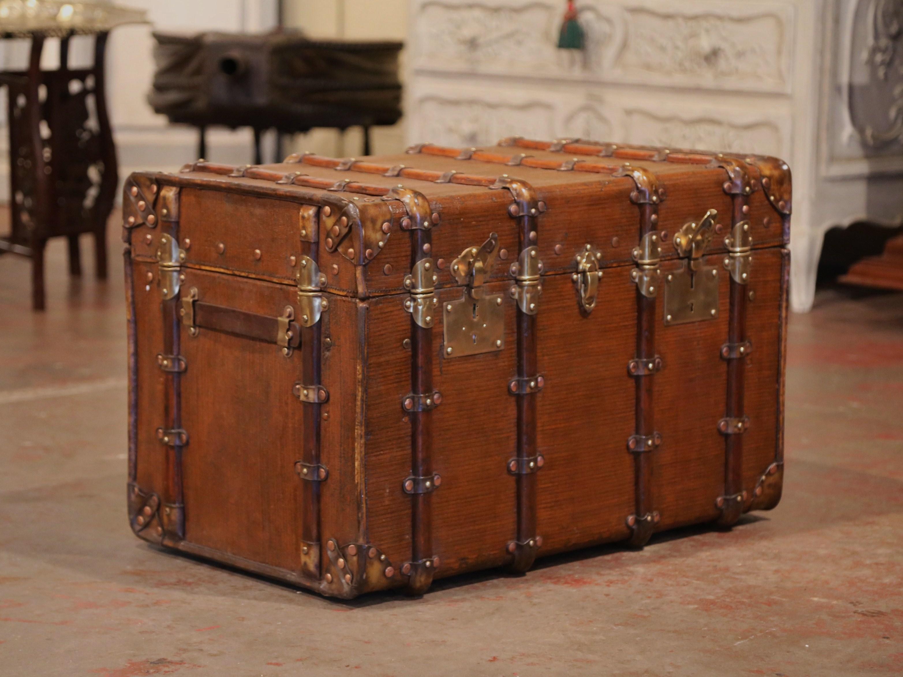 19th Century French Iron Brass and Leather Travel Trunk 1