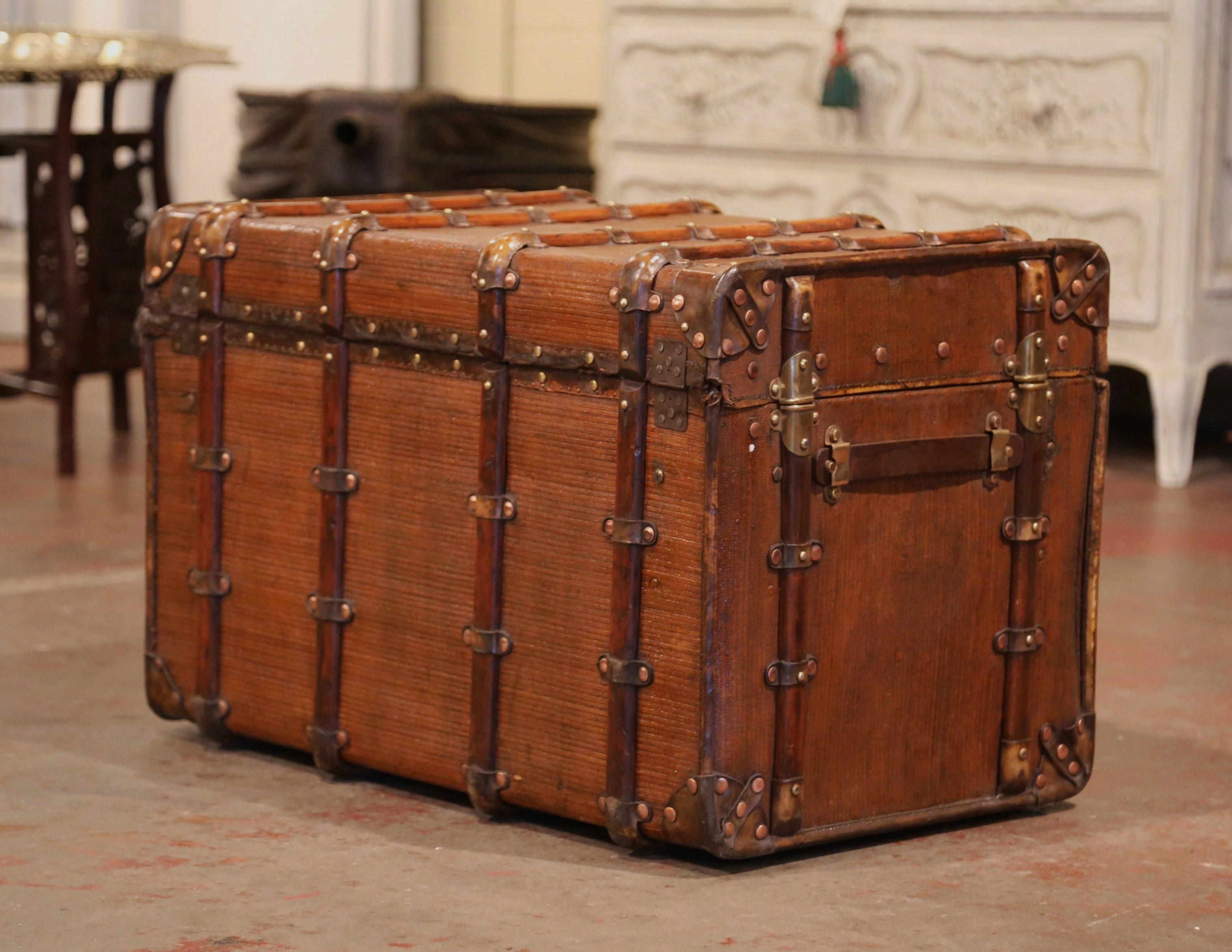 19th Century French Iron Brass and Leather Travel Trunk 2