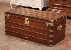 19th Century French Iron Brass and Leather Travel Trunk Vuitton Style