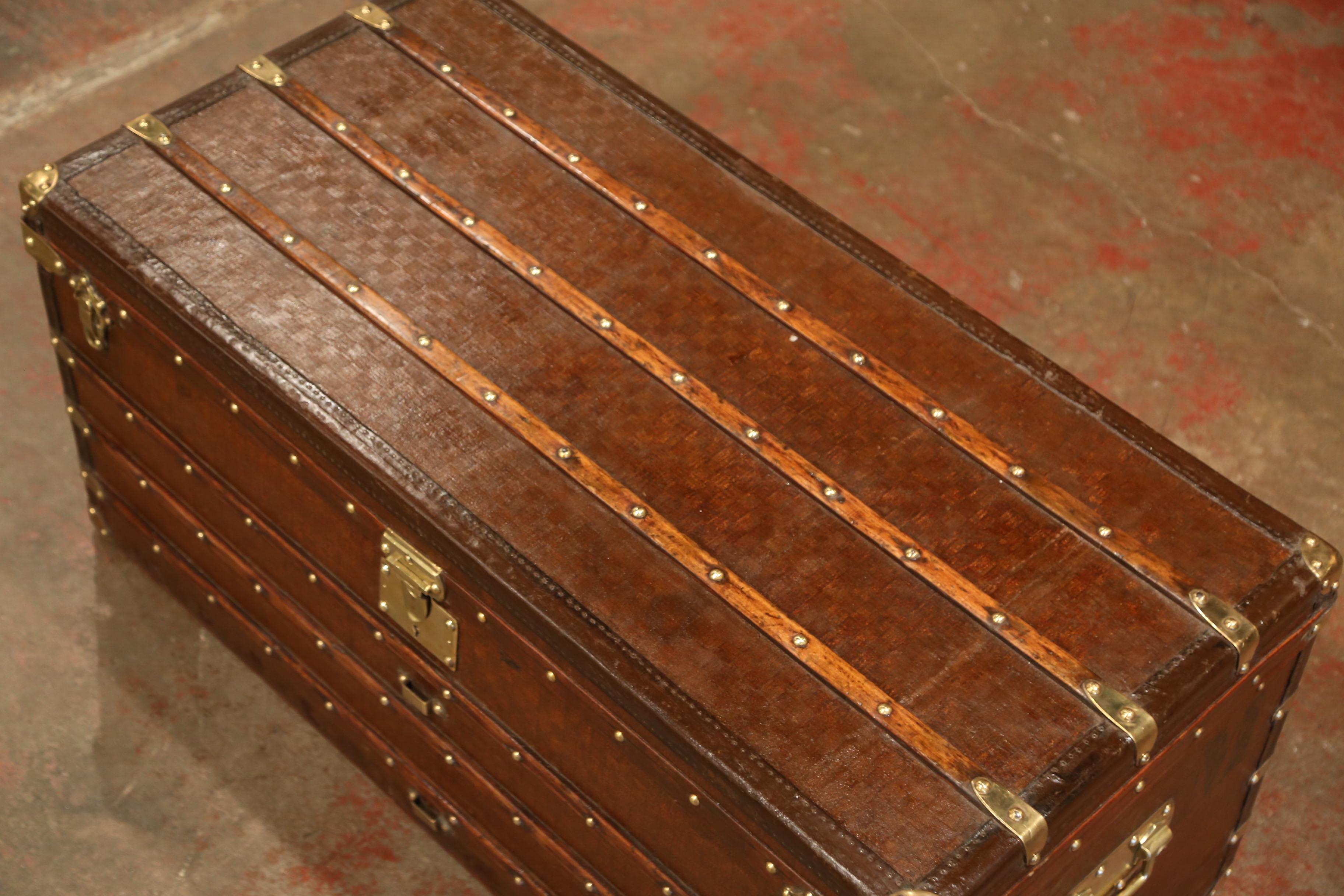 Patinated 19th Century French Iron Brass and Leather Travel Trunk Vuitton Style