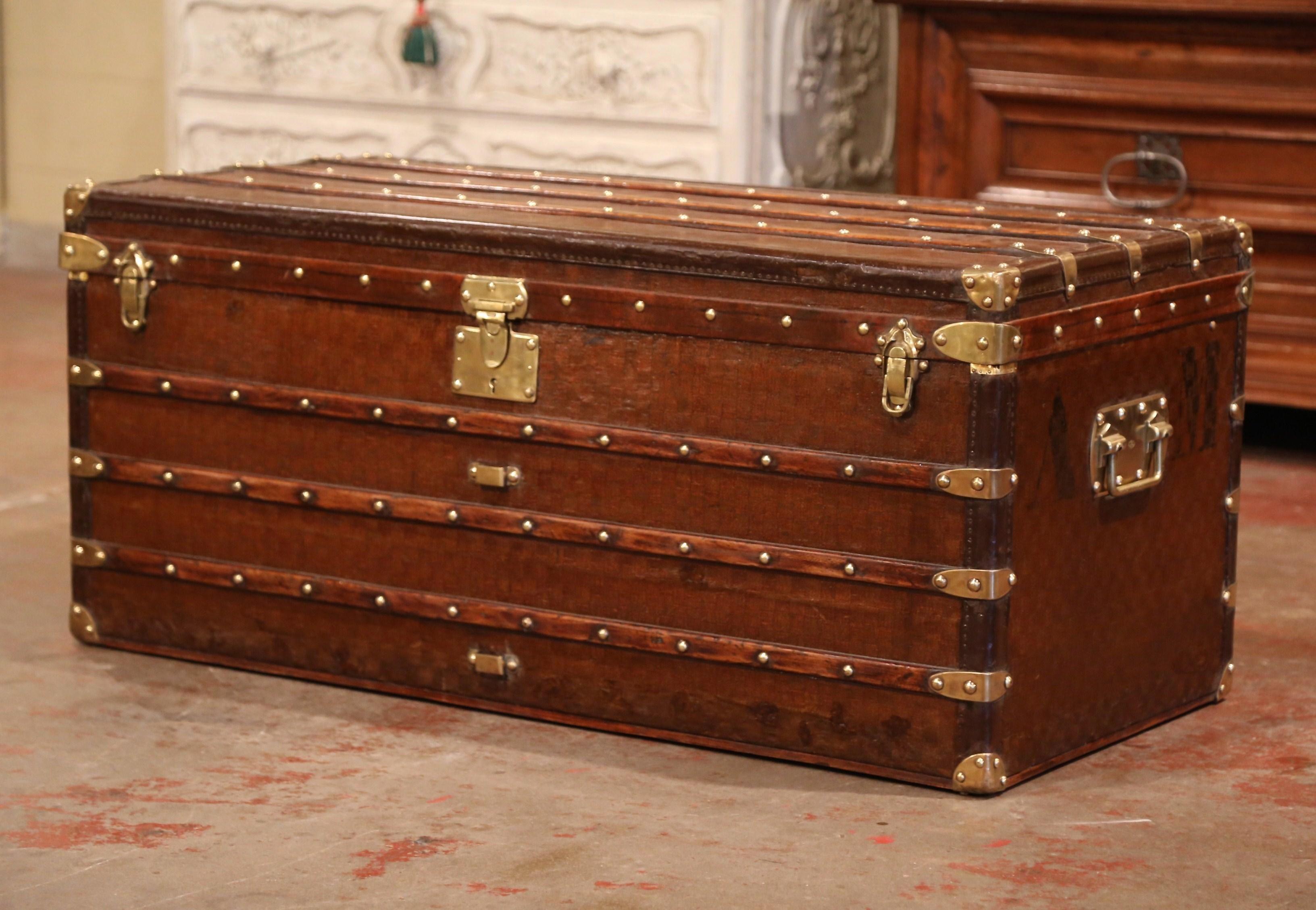 19th Century French Iron Brass and Leather Travel Trunk Vuitton Style In Excellent Condition In Dallas, TX