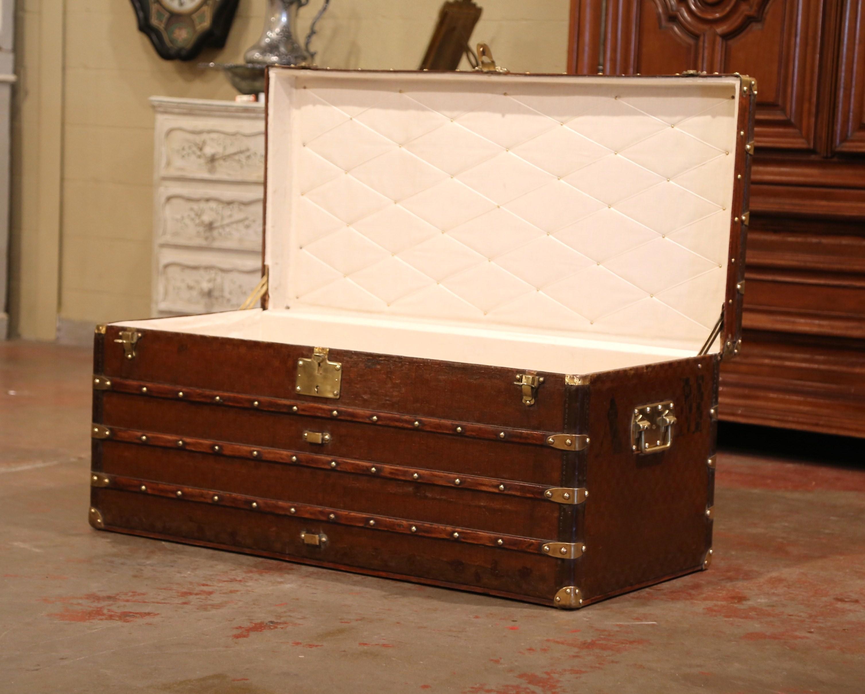 19th Century French Iron Brass and Leather Travel Trunk Vuitton Style 1