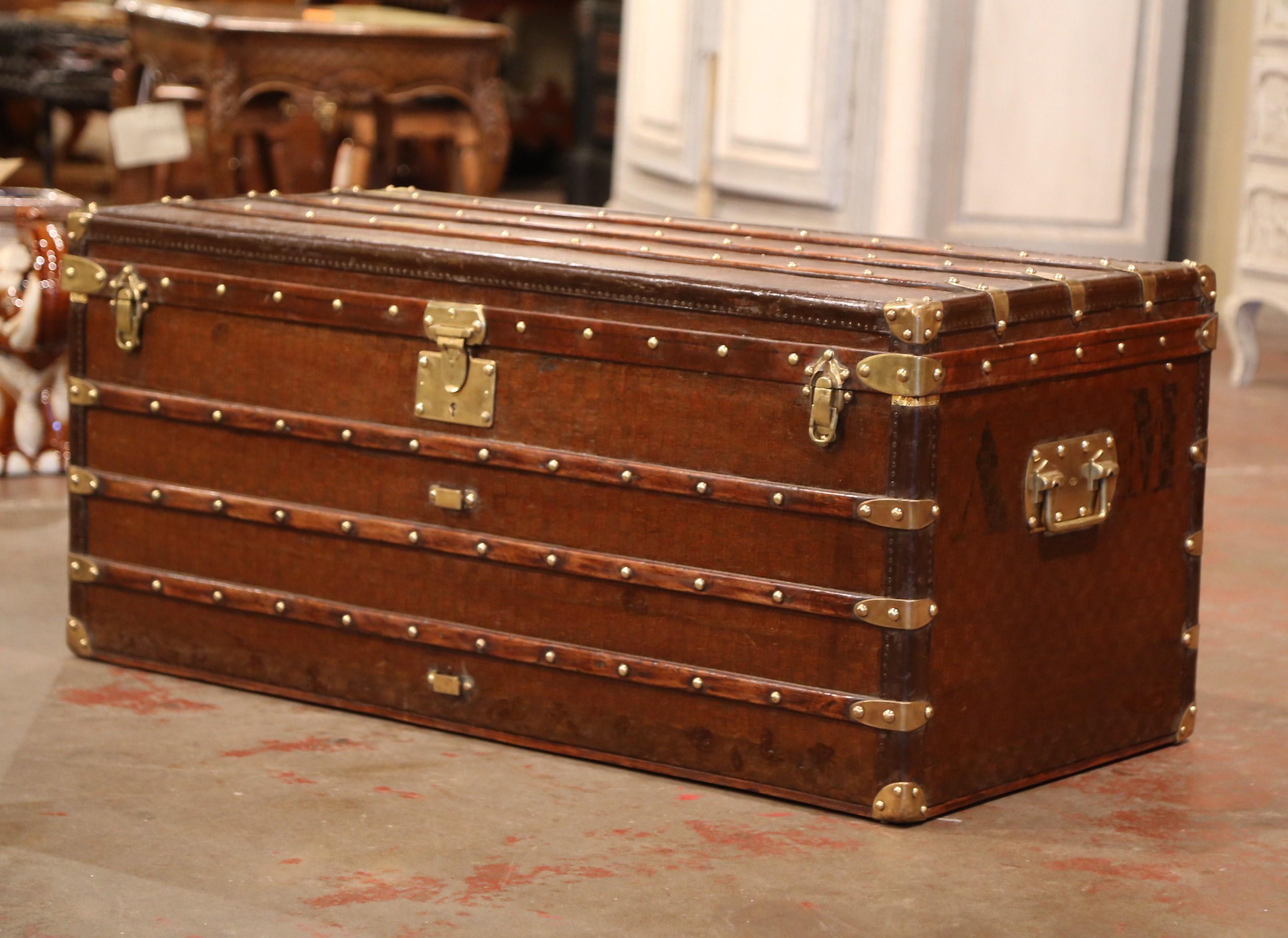 19th Century French Iron Brass and Leather Travel Trunk Vuitton Style 2