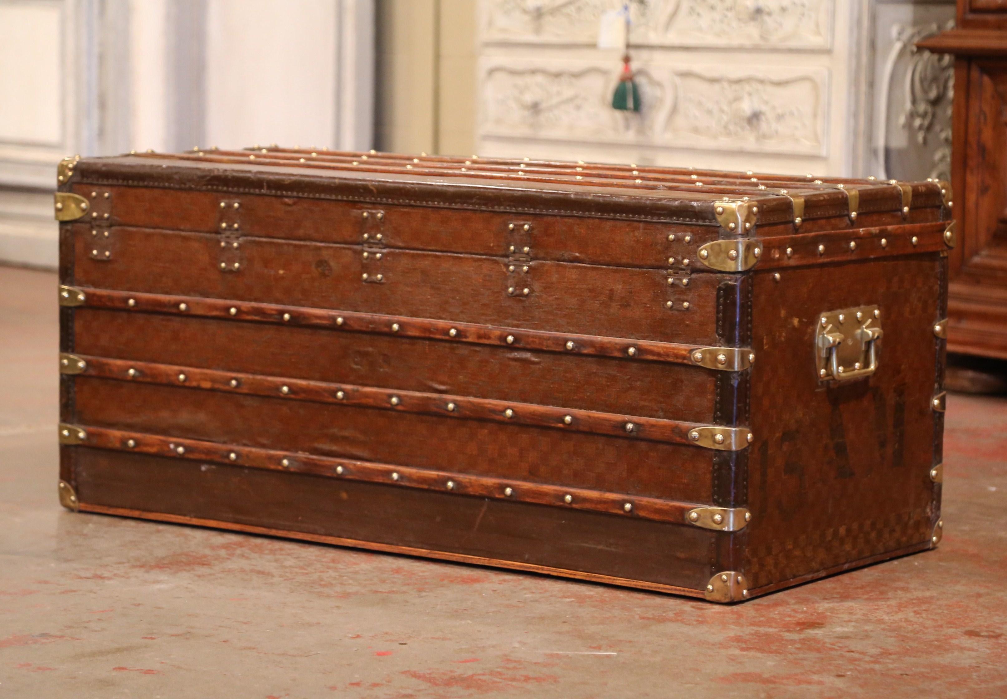 19th Century French Iron Brass and Leather Travel Trunk Vuitton Style 4