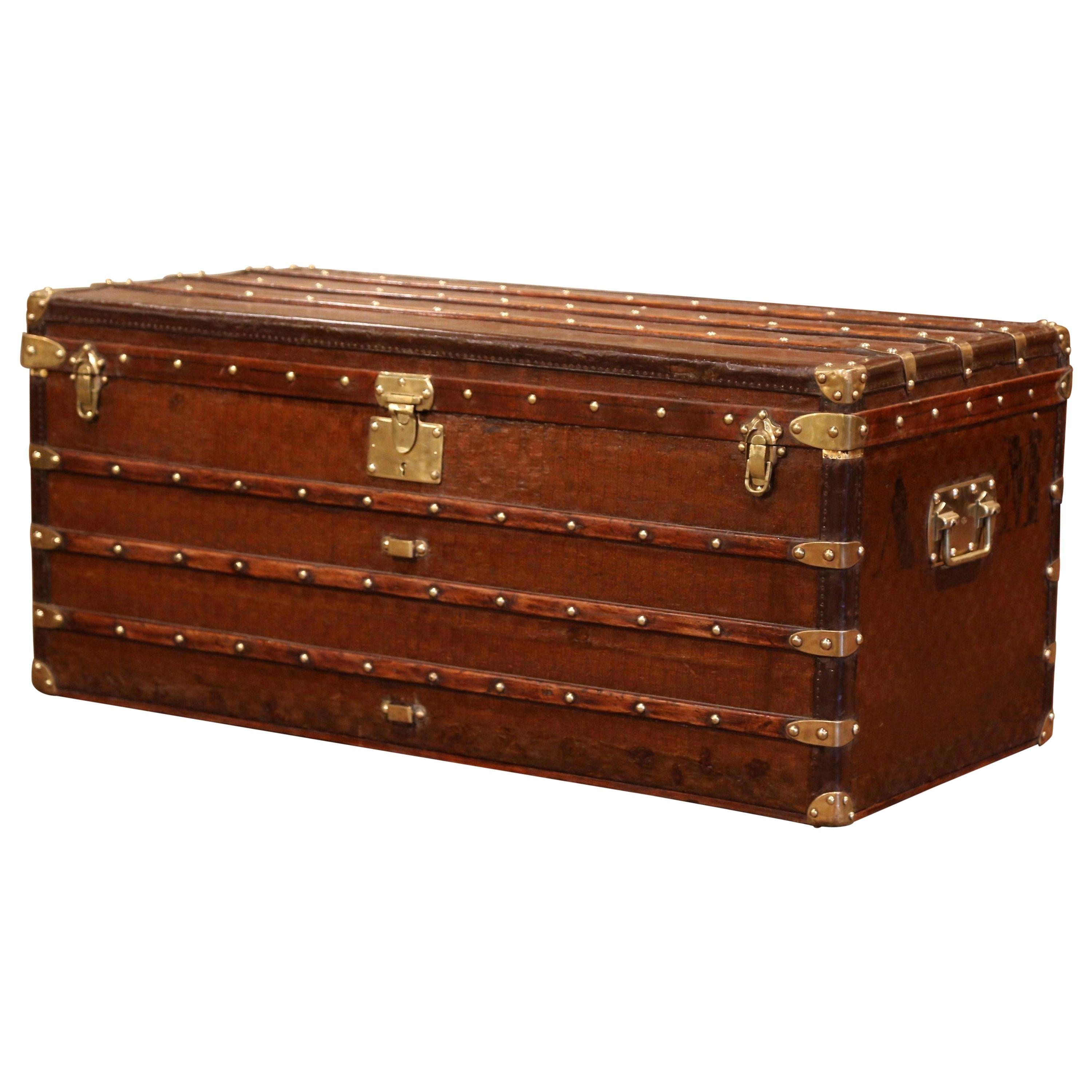 19th Century French Iron Brass and Leather Travel Trunk Vuitton Style