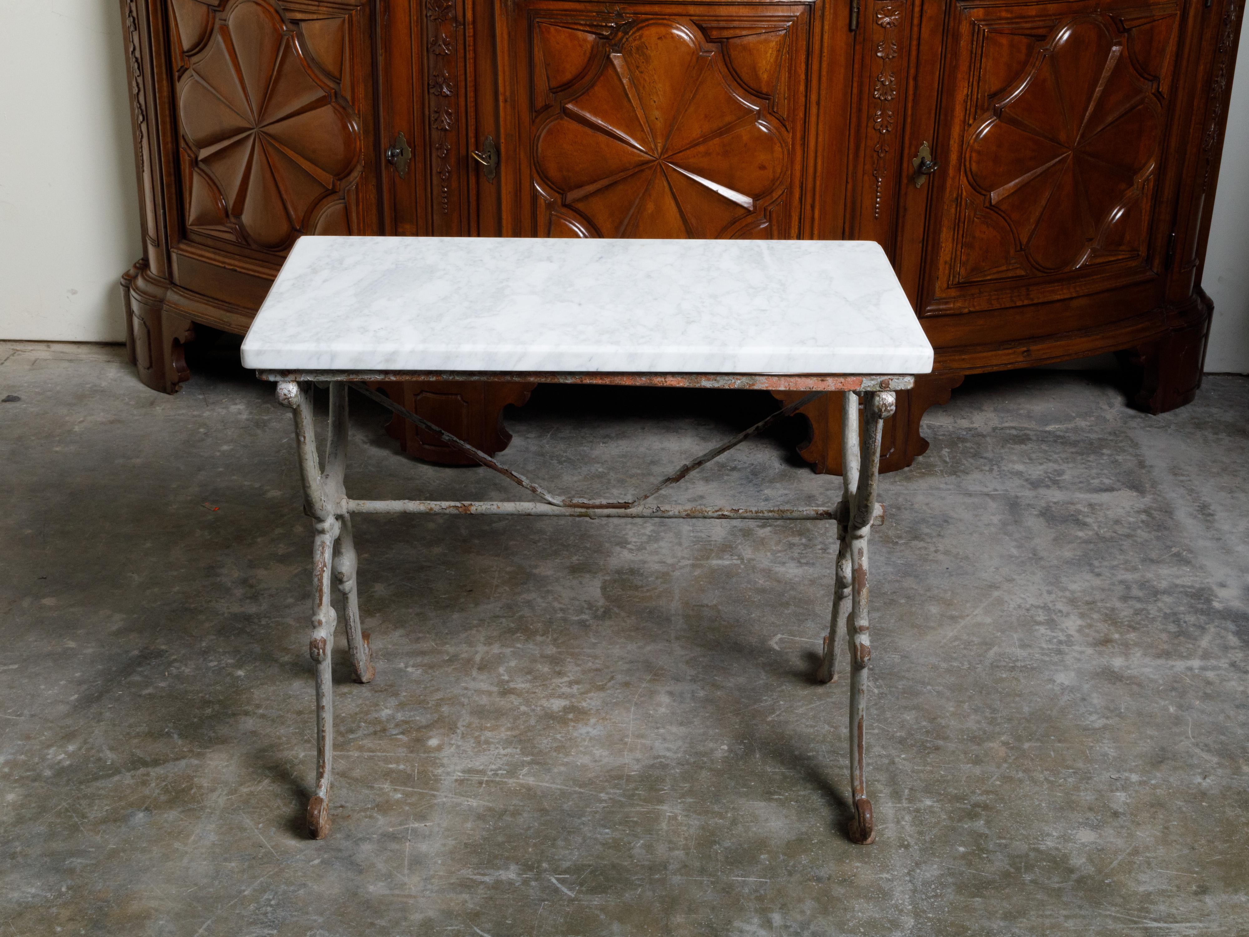 19th Century French Iron Console Table with White Marble Top and X-Form Base For Sale 7