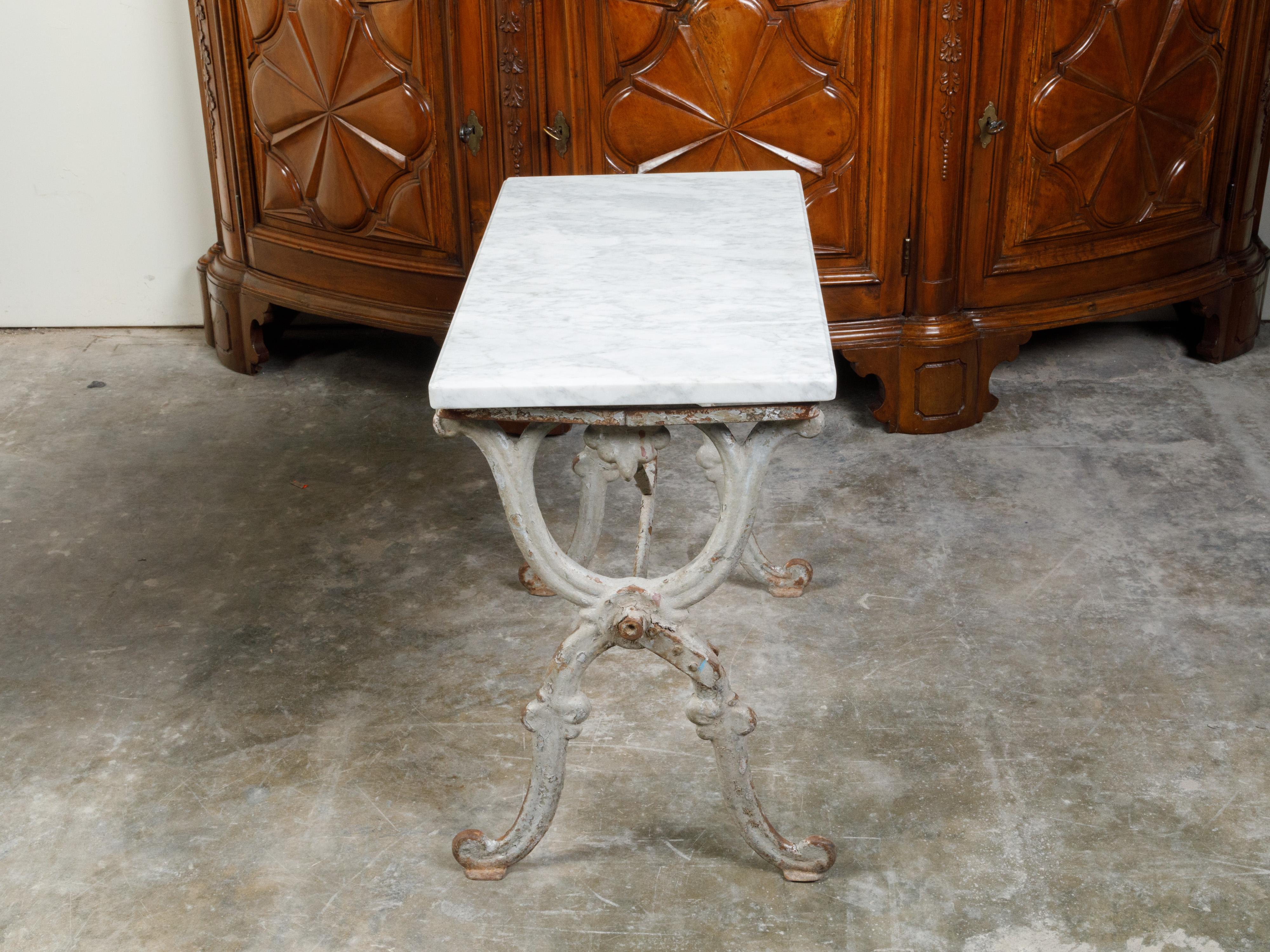 19th Century French Iron Console Table with White Marble Top and X-Form Base For Sale 8