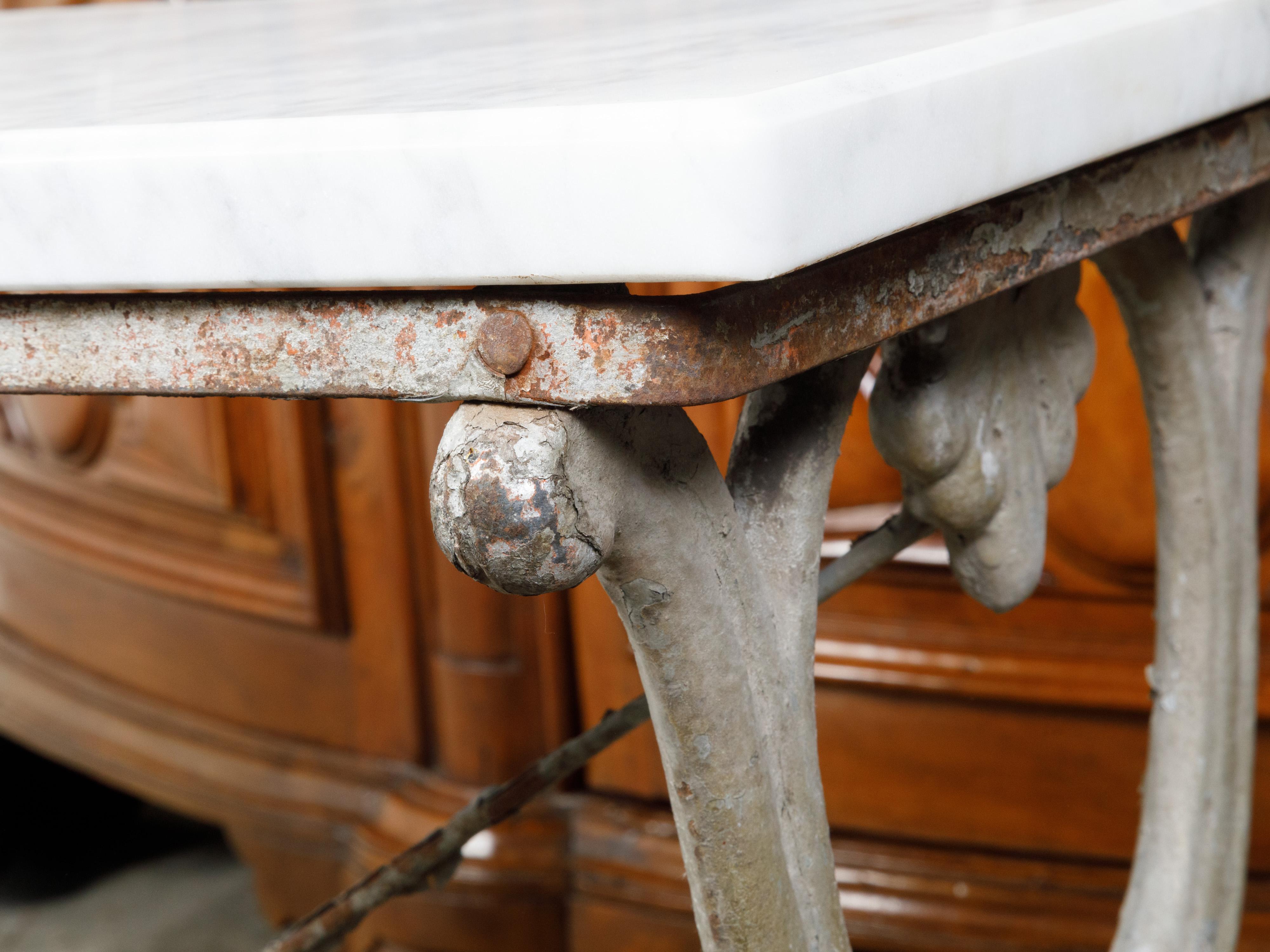 19th Century French Iron Console Table with White Marble Top and X-Form Base For Sale 1