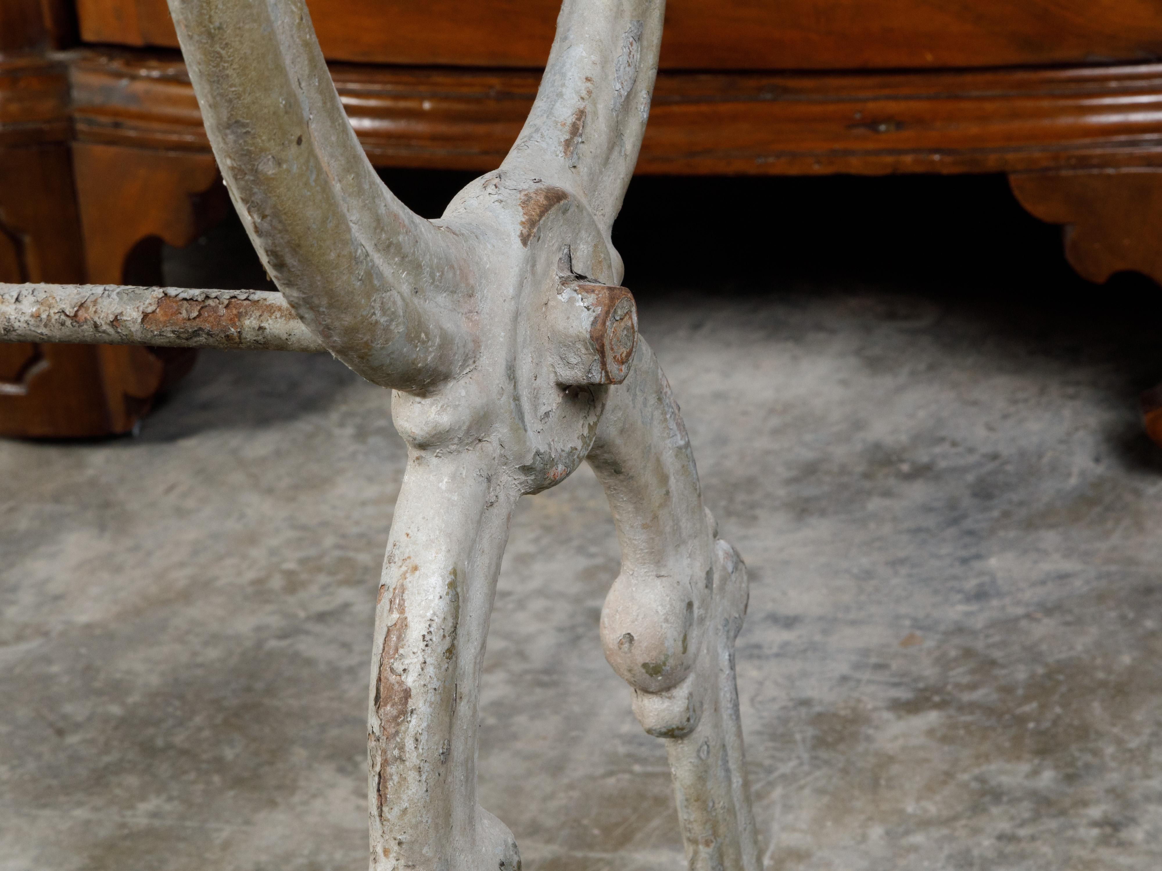 19th Century French Iron Console Table with White Marble Top and X-Form Base For Sale 2