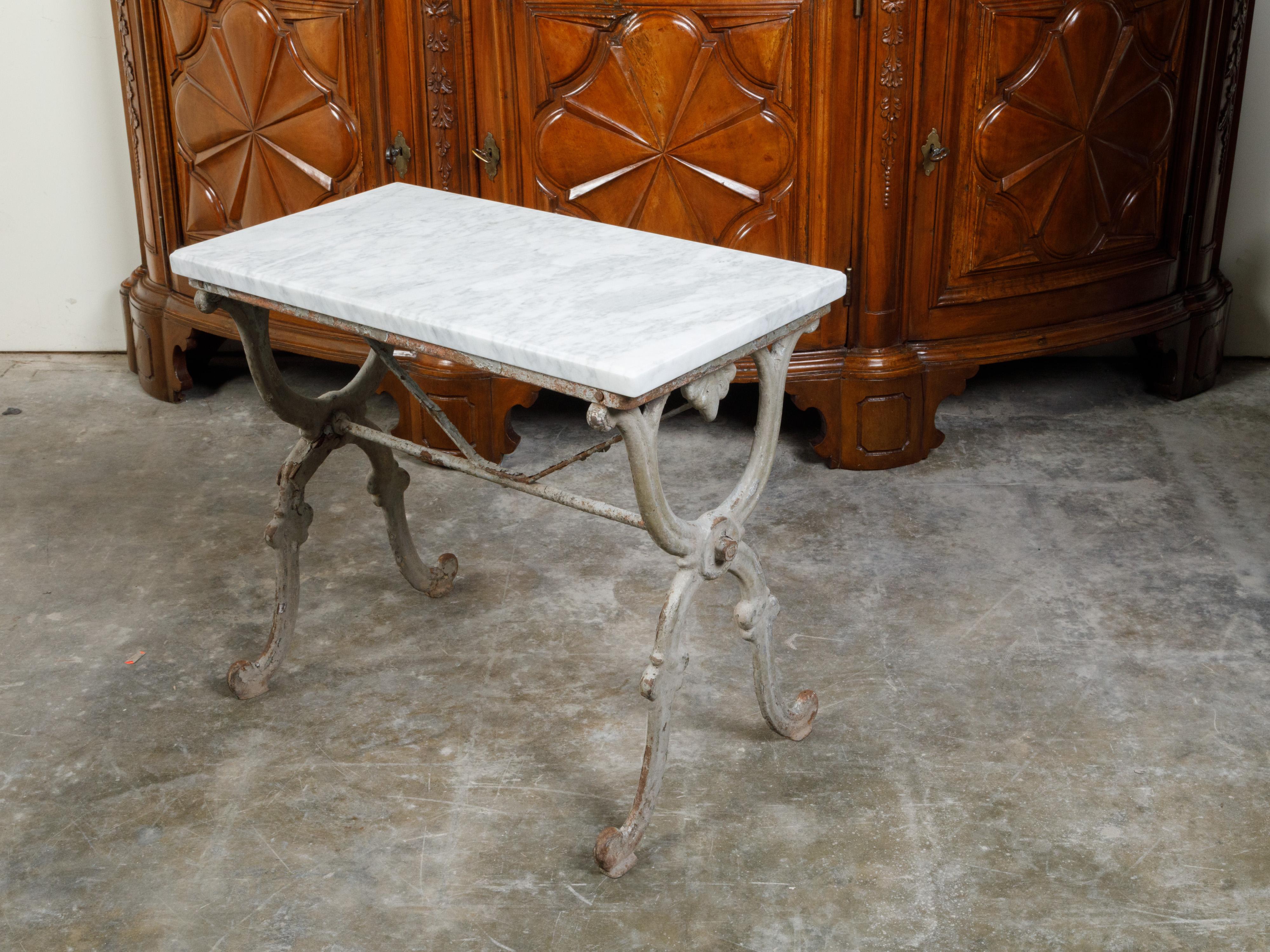 19th Century French Iron Console Table with White Marble Top and X-Form Base For Sale 4