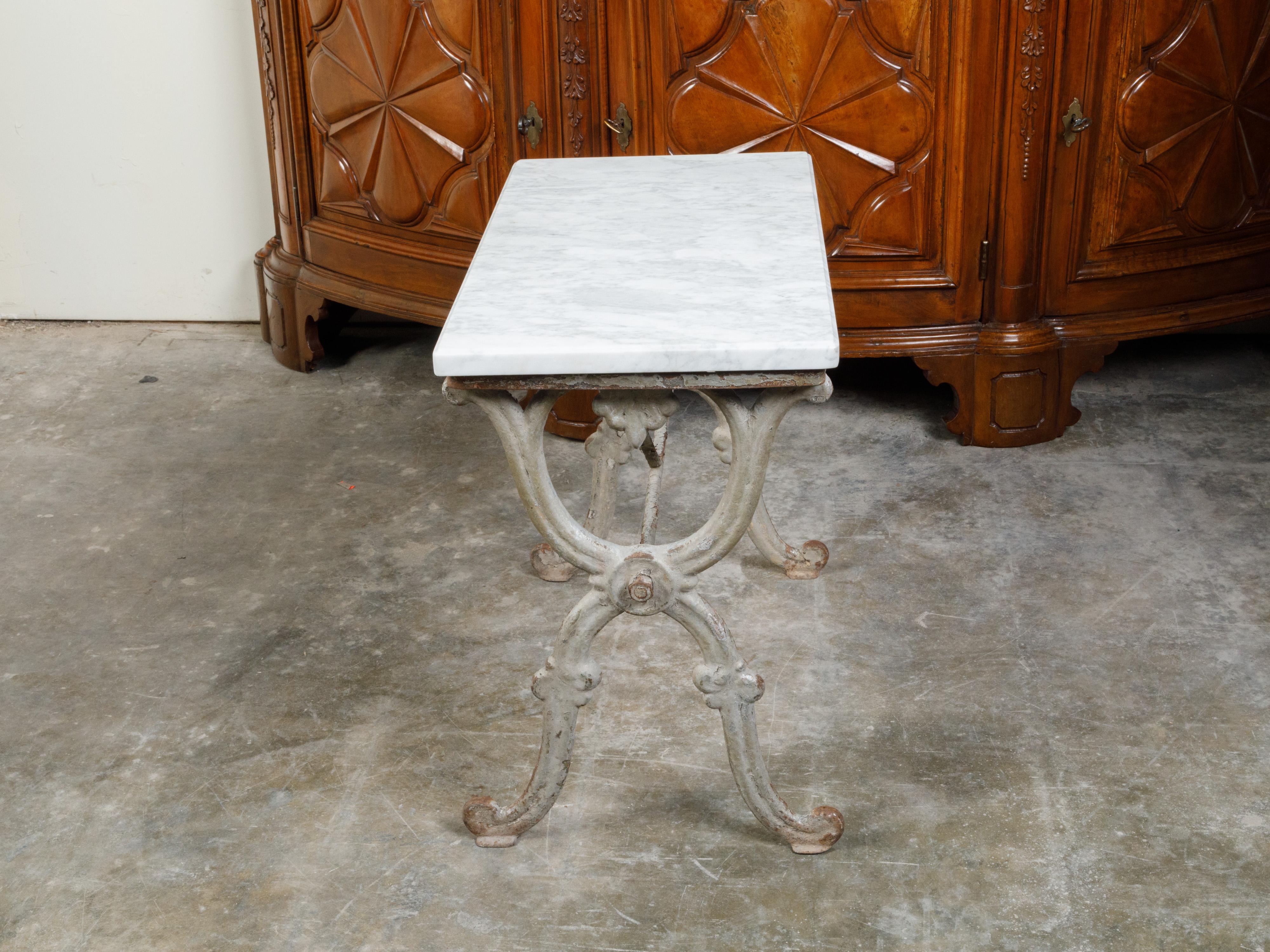 19th Century French Iron Console Table with White Marble Top and X-Form Base For Sale 5