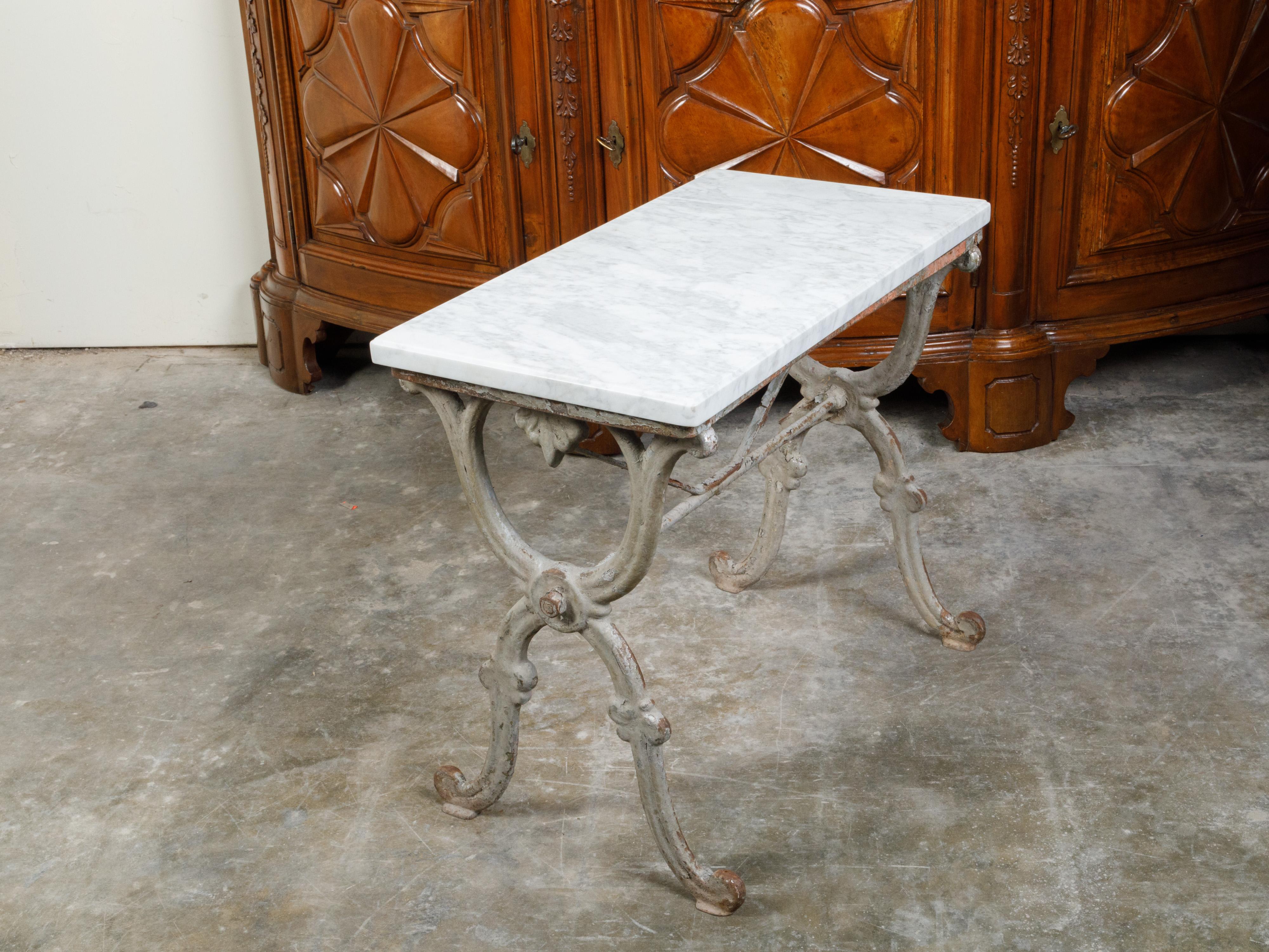19th Century French Iron Console Table with White Marble Top and X-Form Base For Sale 6