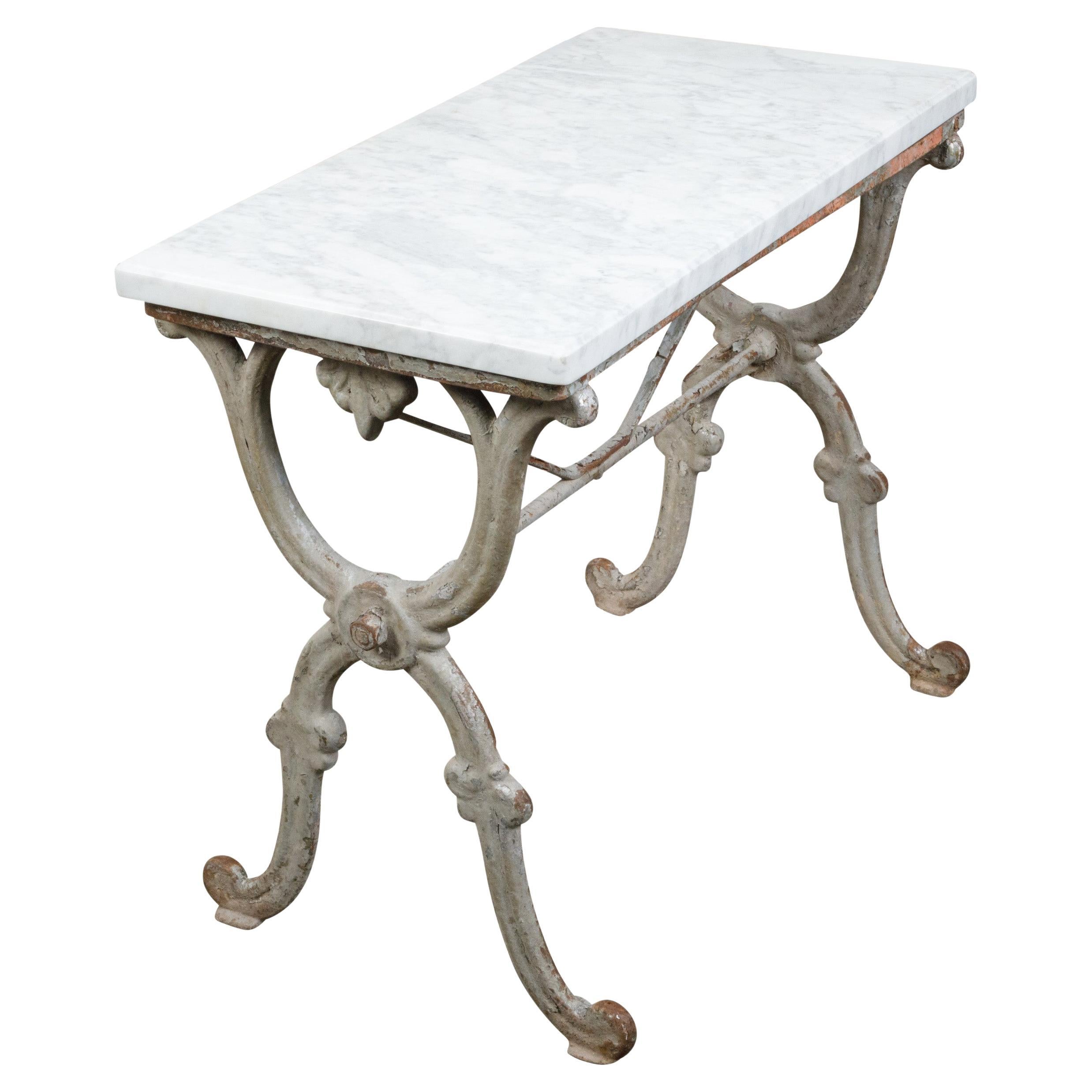 19th Century French Iron Console Table with White Marble Top and X-Form Base For Sale