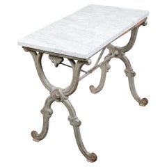 19th Century French Iron Console Table with White Marble Top and X-Form Base