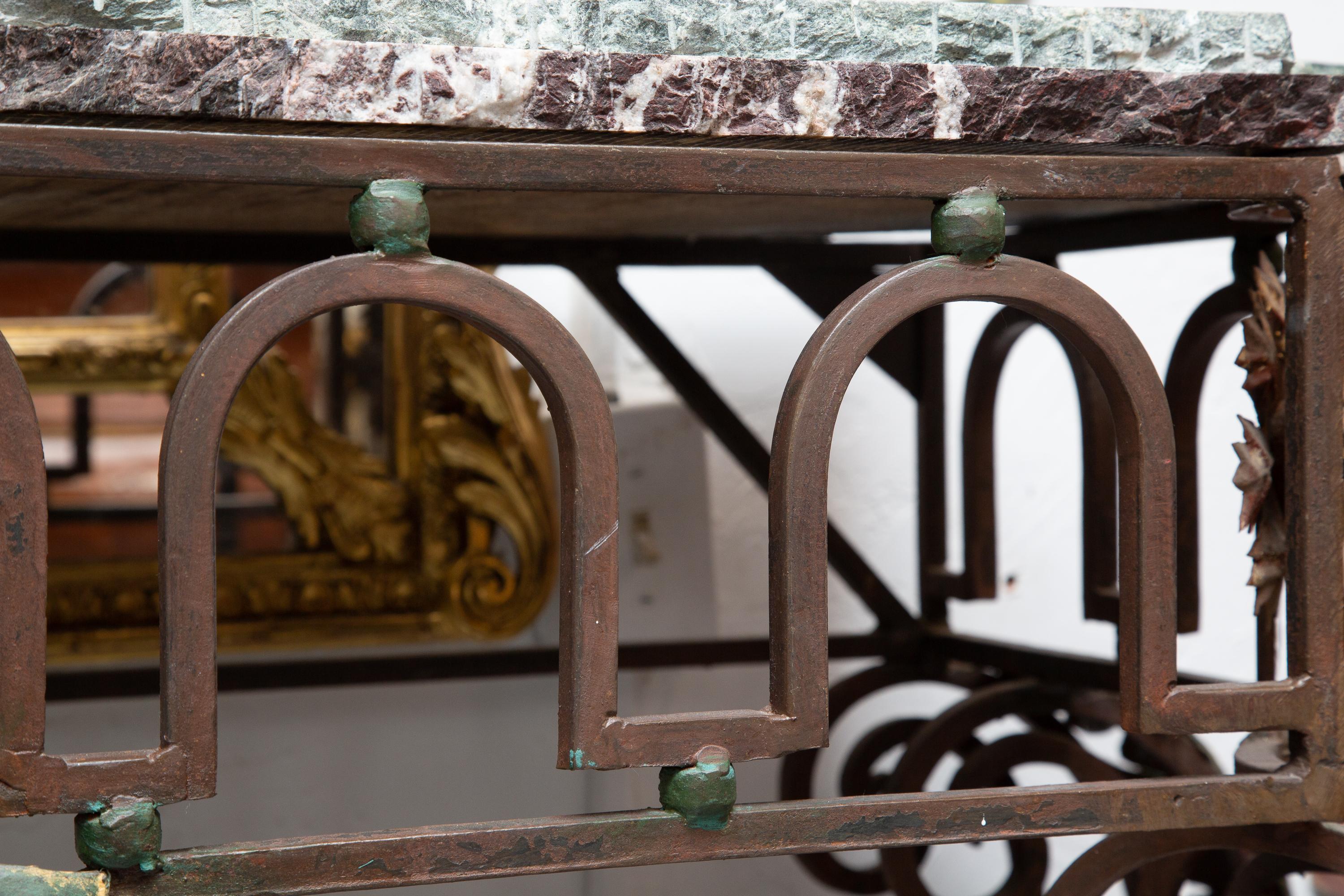 Polished 19th Century French Iron Console with Marble Top For Sale