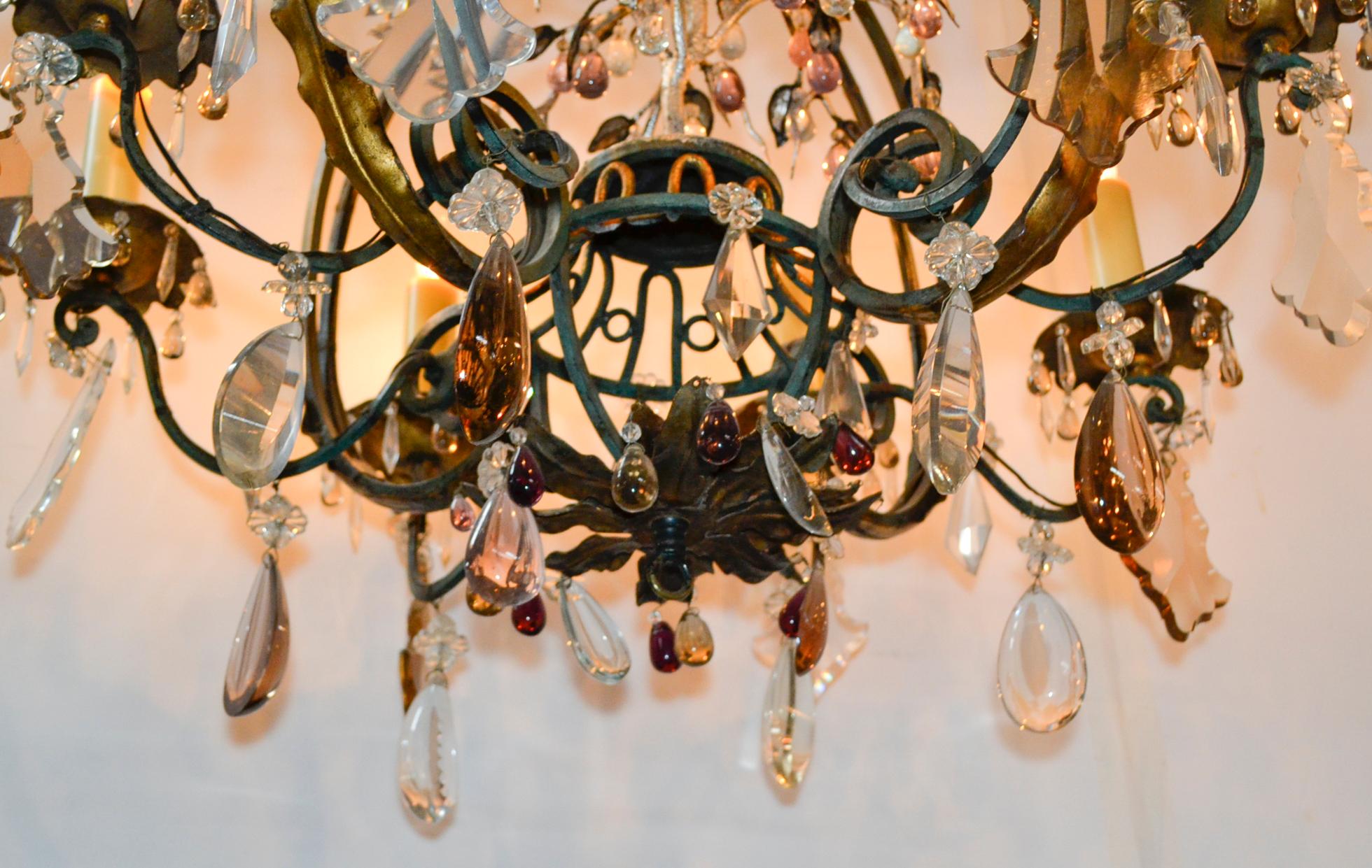 Unusual 19th century French iron and crystal chandelier with amethyst drops.