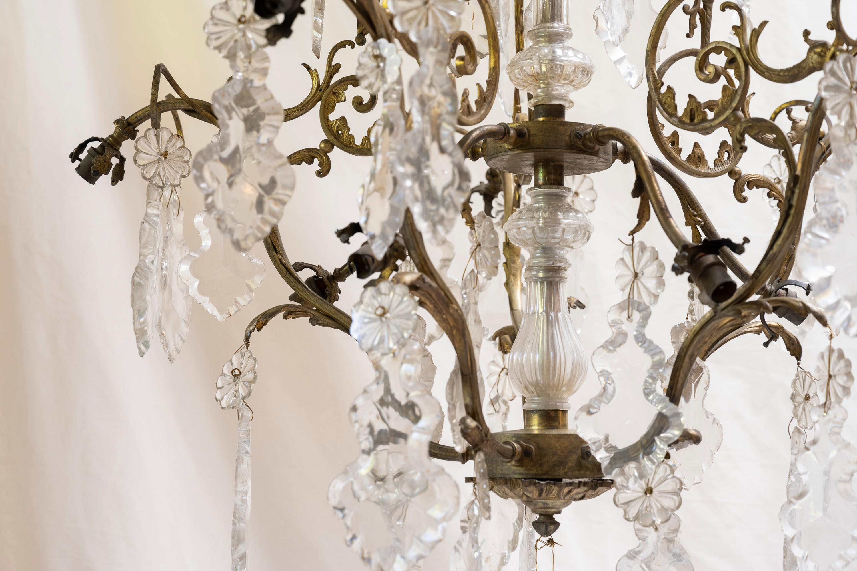 Brass 19th Century French Iron & Crystal Chandelier For Sale