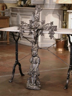 19th Century French Iron Garden Crucifix Cross with Mourner and Vine Motifs