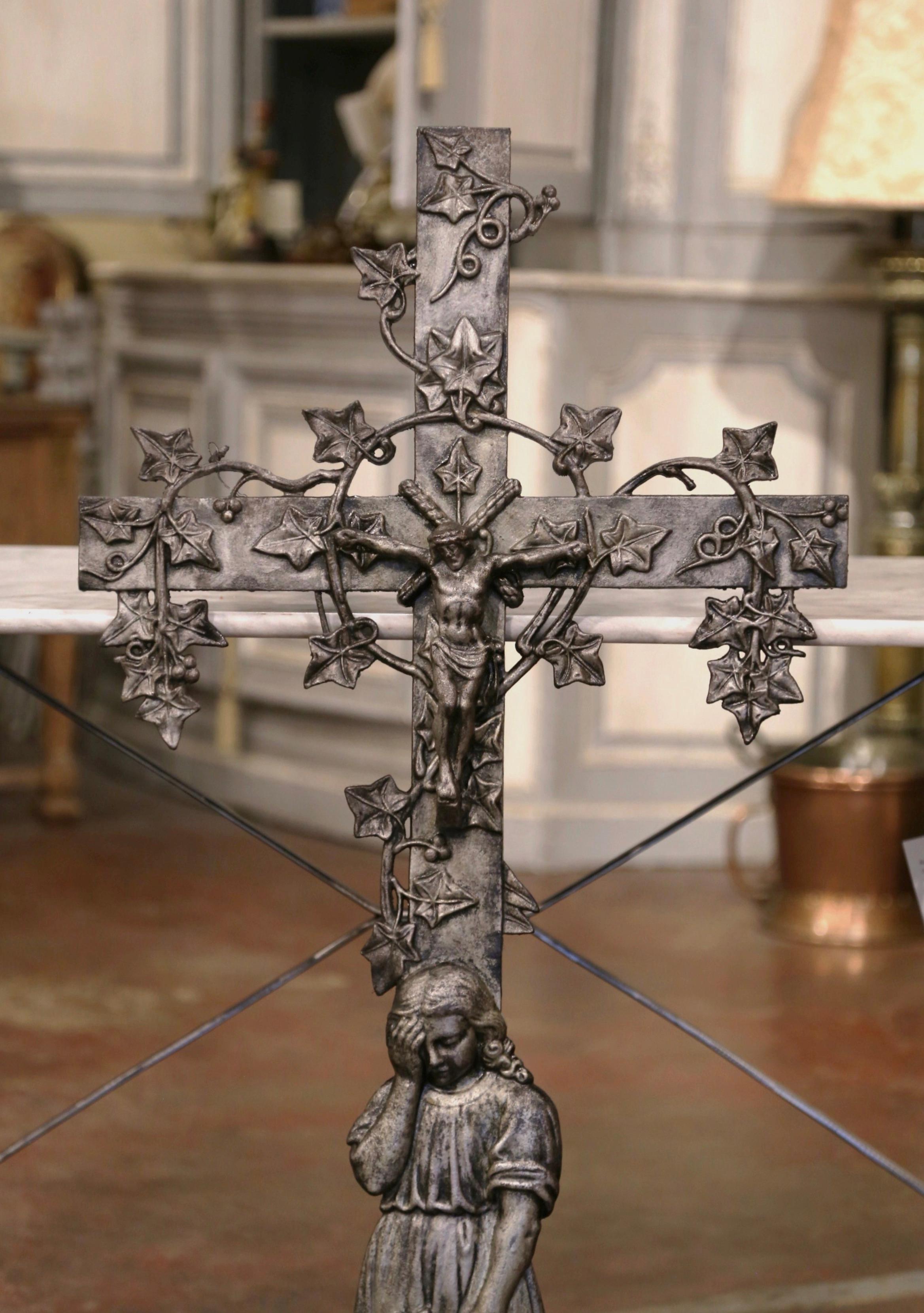 Hand-Crafted 19th Century French Iron Garden Crucifix Cross with Mourner and Vine Motifs