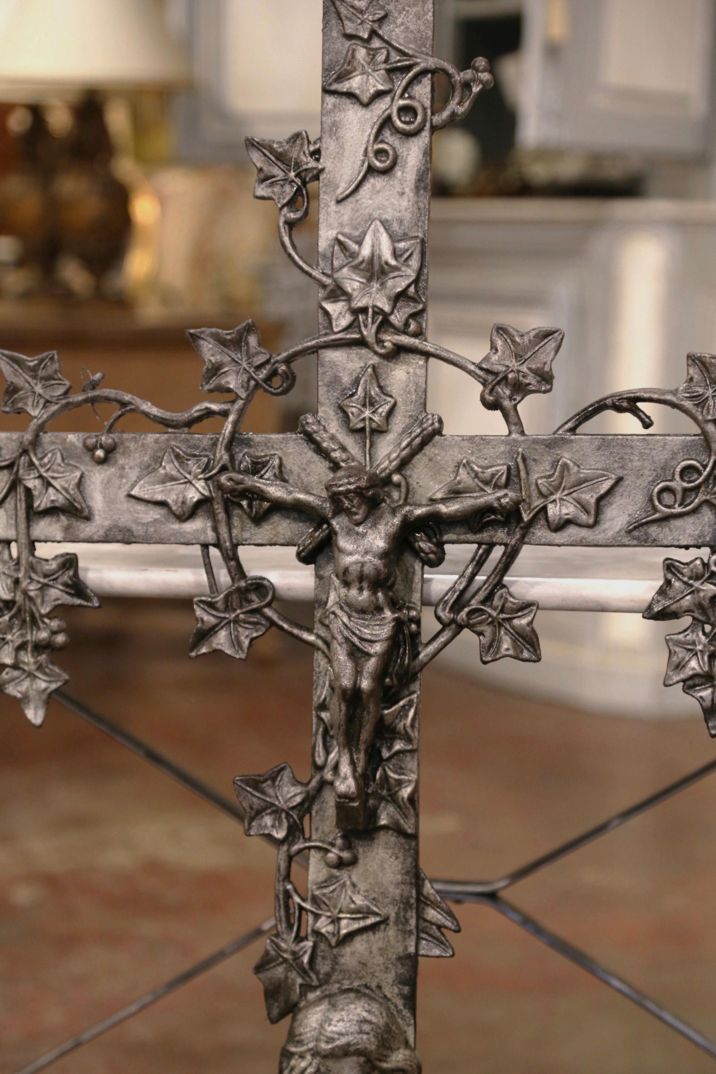 19th Century French Iron Garden Crucifix Cross with Mourner and Vine Motifs 1