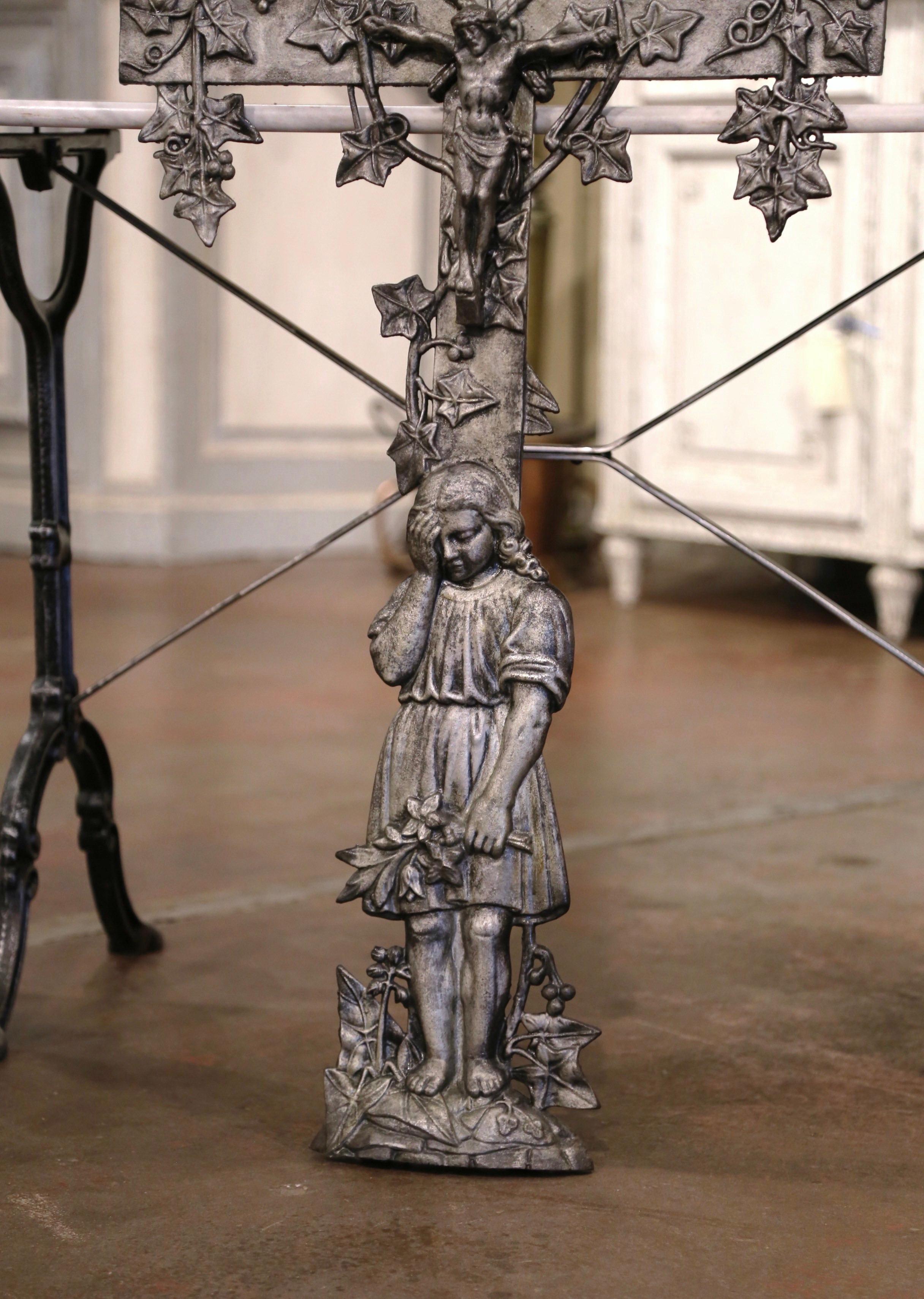 19th Century French Iron Garden Crucifix Cross with Mourner and Vine Motifs 2