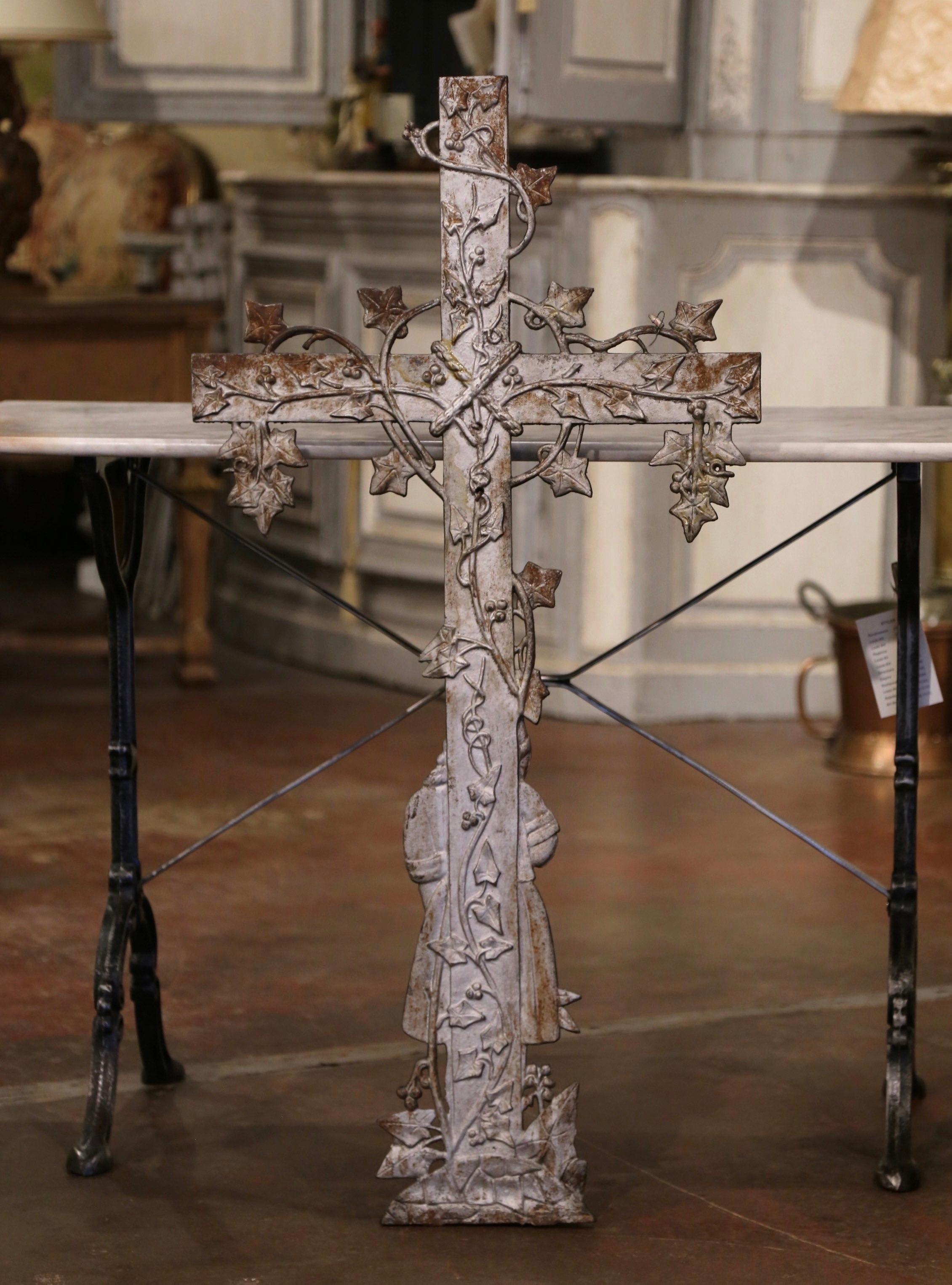 19th Century French Iron Garden Crucifix Cross with Mourner and Vine Motifs 3
