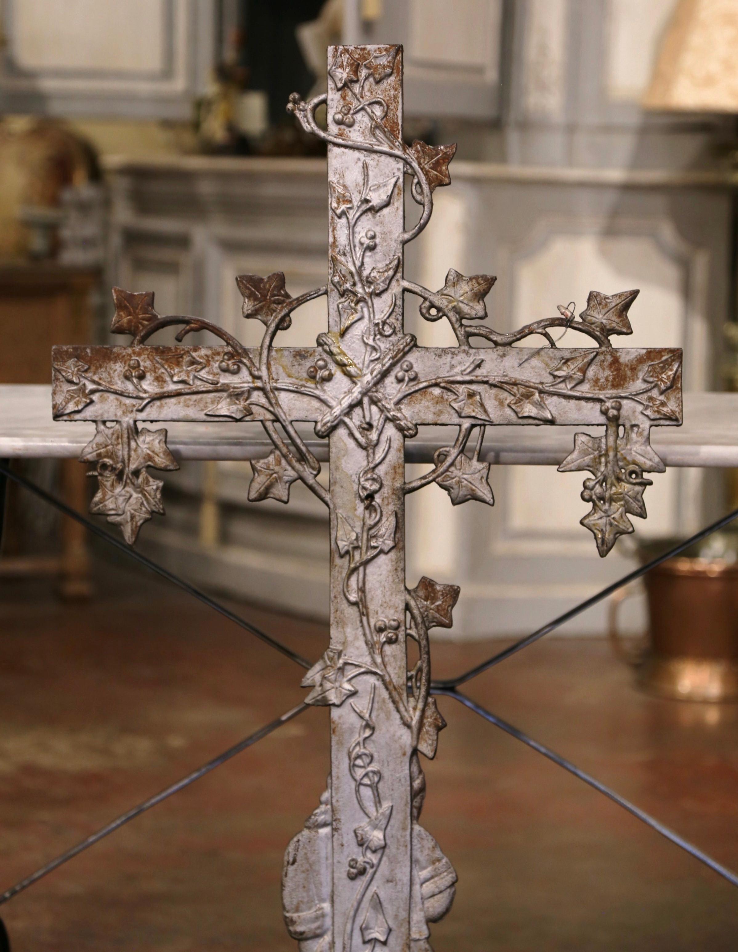 19th Century French Iron Garden Crucifix Cross with Mourner and Vine Motifs 4