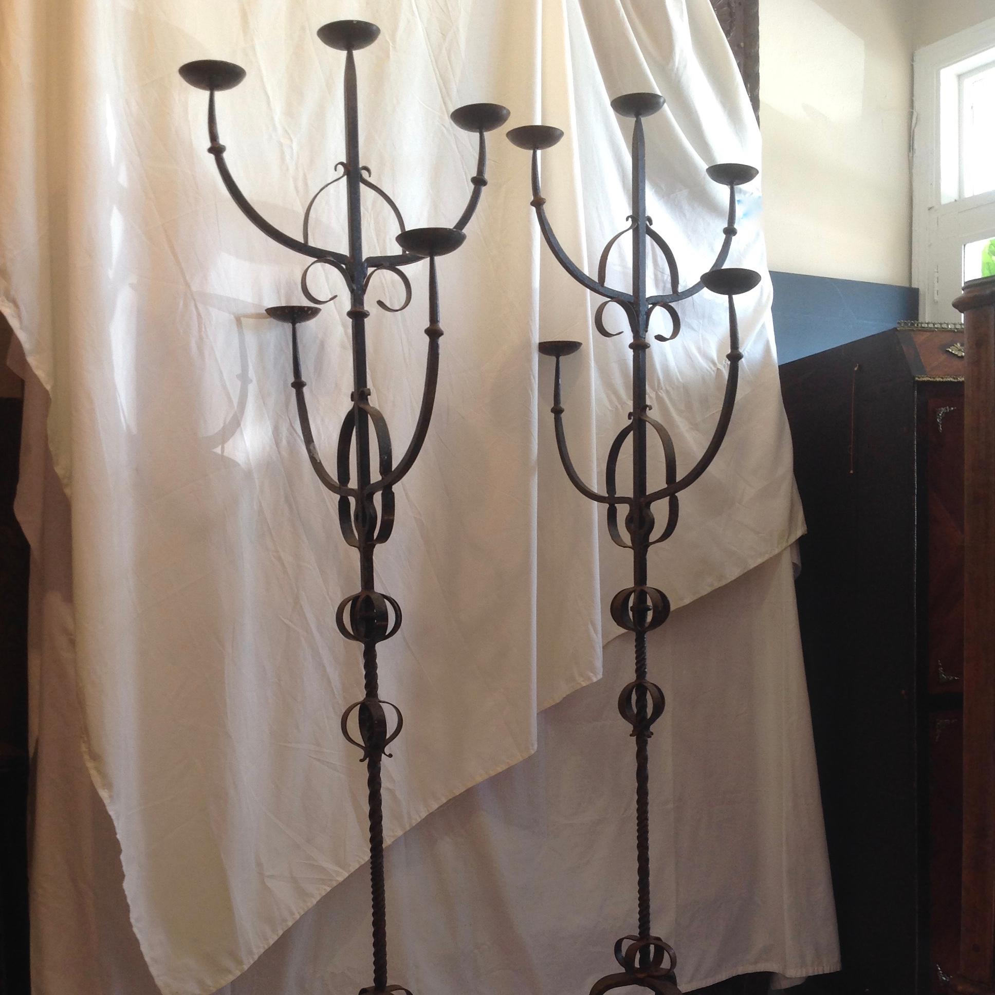19th Century French Iron Standing Floor Candelabras with Three Arms, a Pair 7