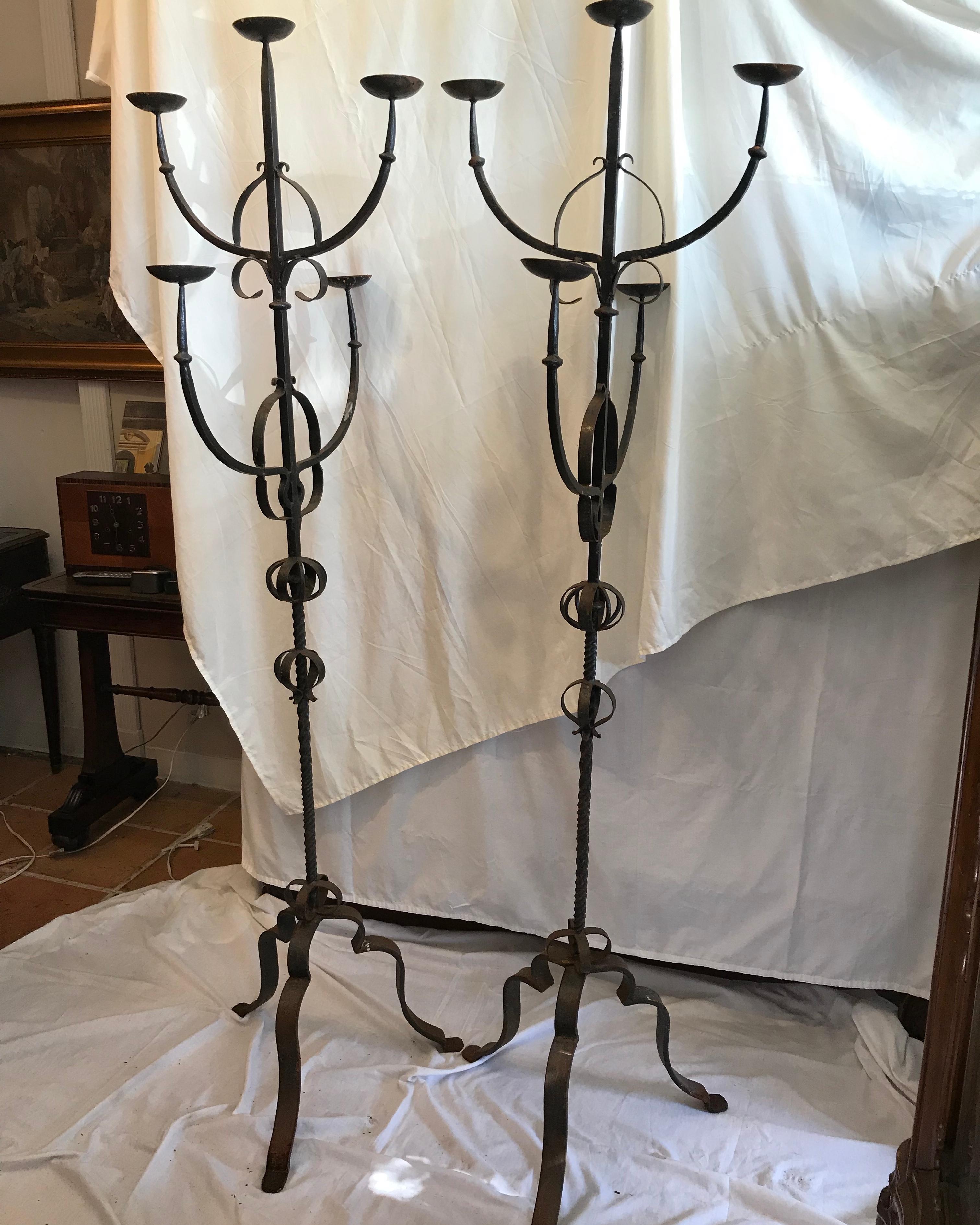 19th Century French Iron Standing Floor Candelabras with Three Arms, a Pair 8