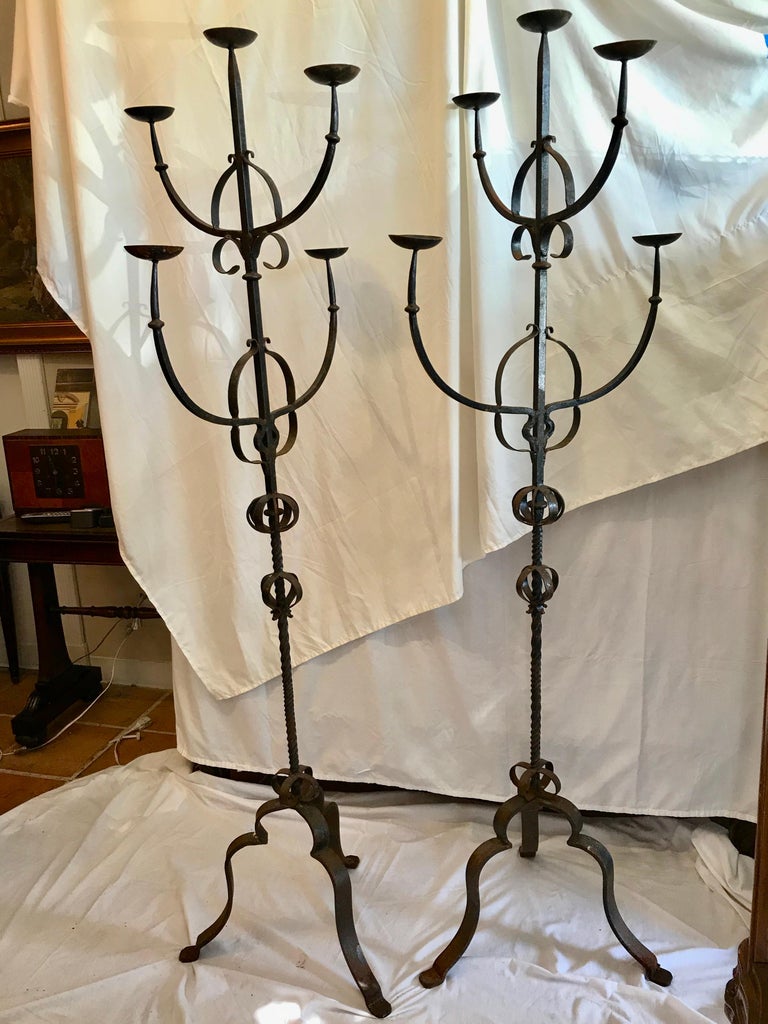 19th Century French Iron Standing Floor Candelabras with Three Arms, a Pair at 1stDibs