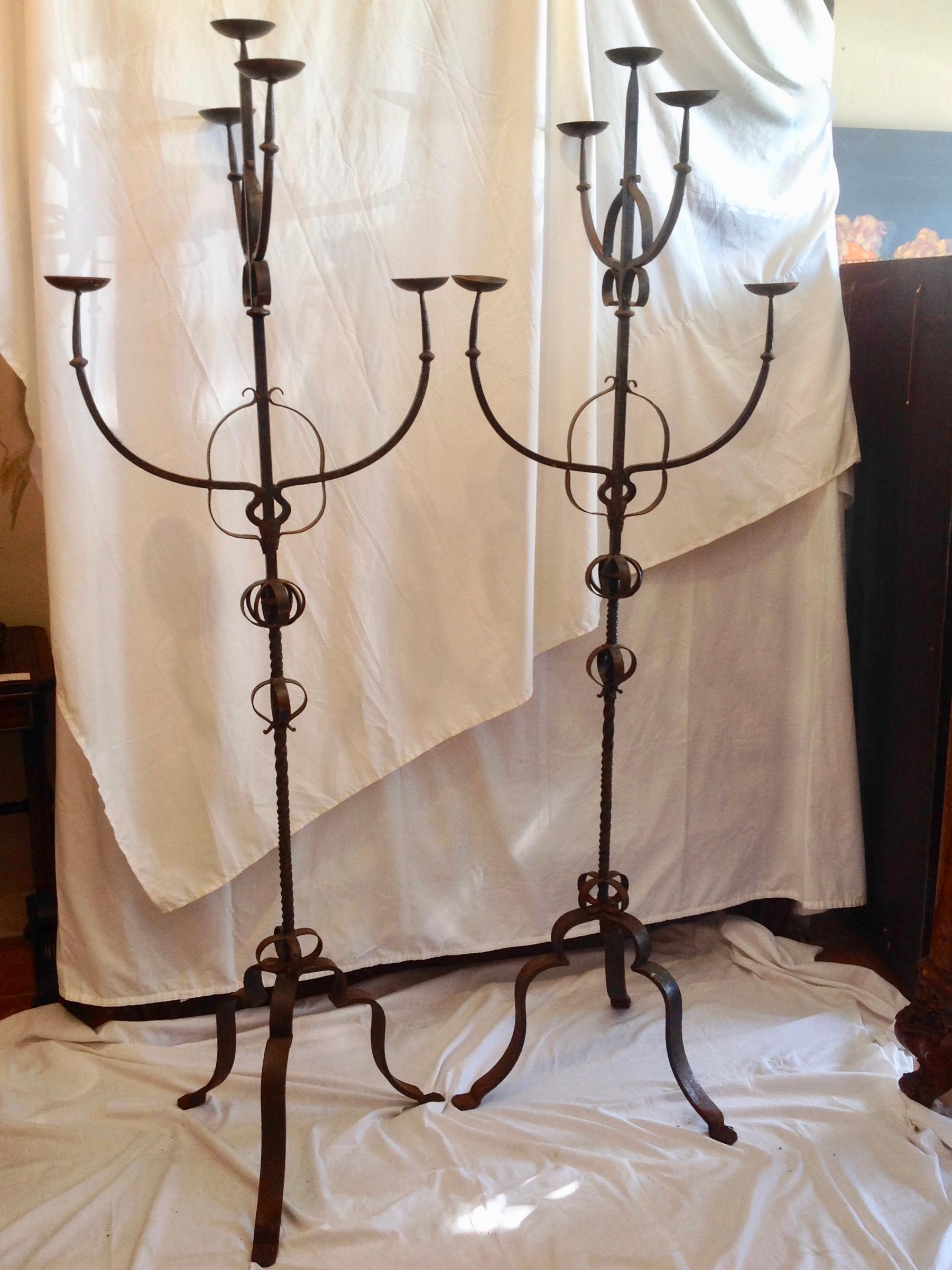 19th Century French Iron Standing Floor Candelabras with Three Arms, a Pair In Good Condition In West Palm Beach, FL