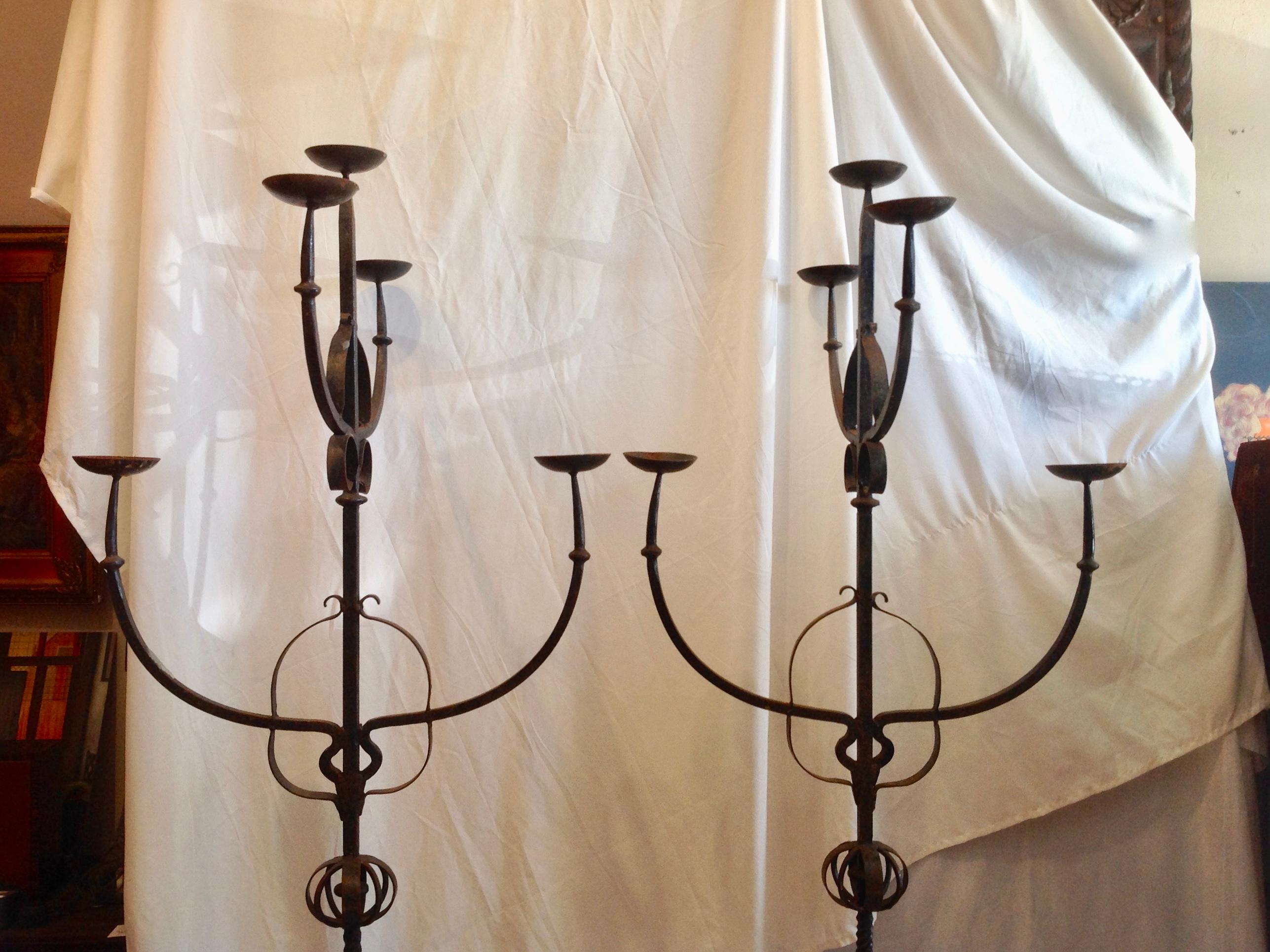 19th Century French Iron Standing Floor Candelabras with Three Arms, a Pair 2