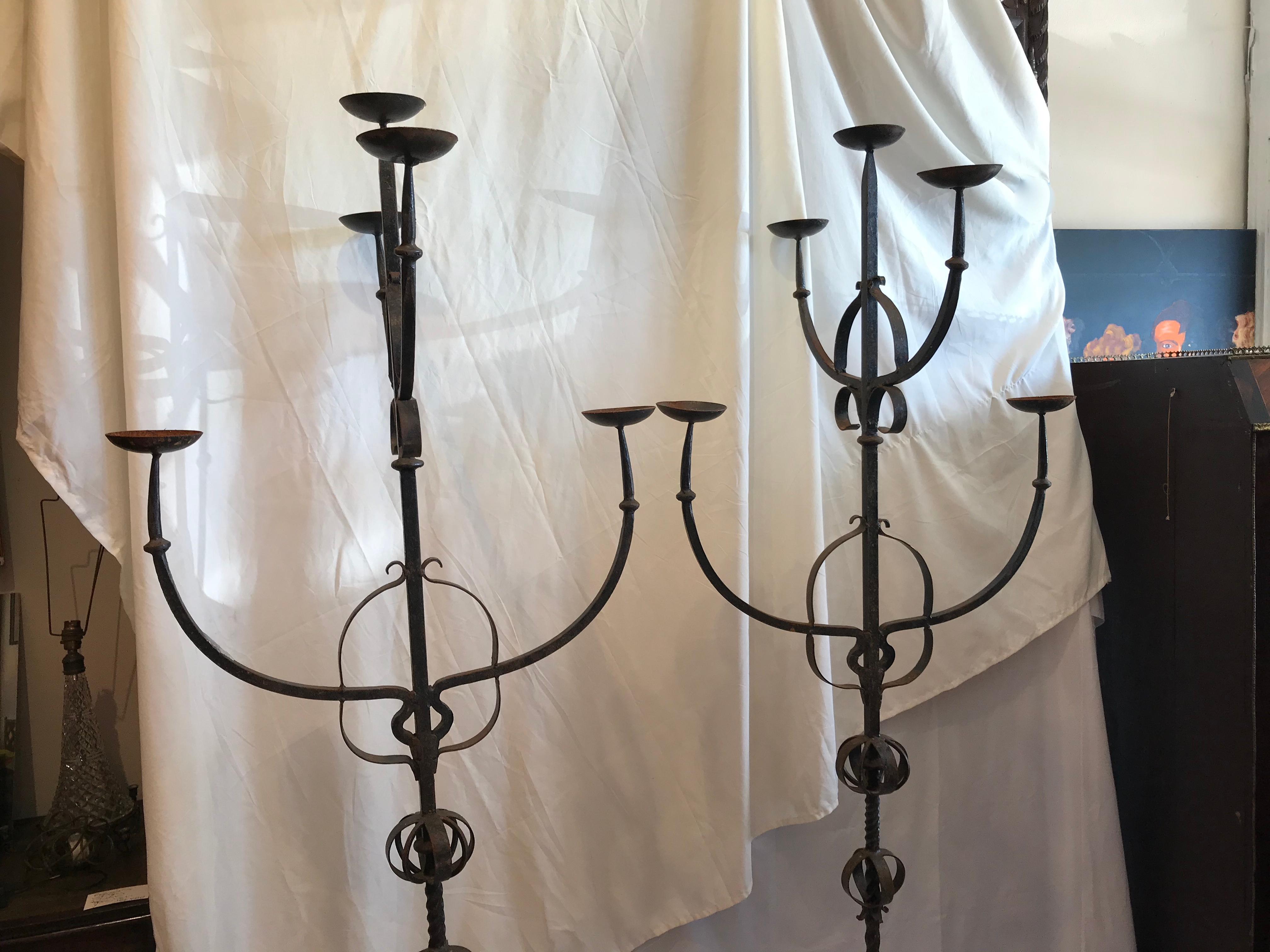 19th Century French Iron Standing Floor Candelabras with Three Arms, a Pair 4