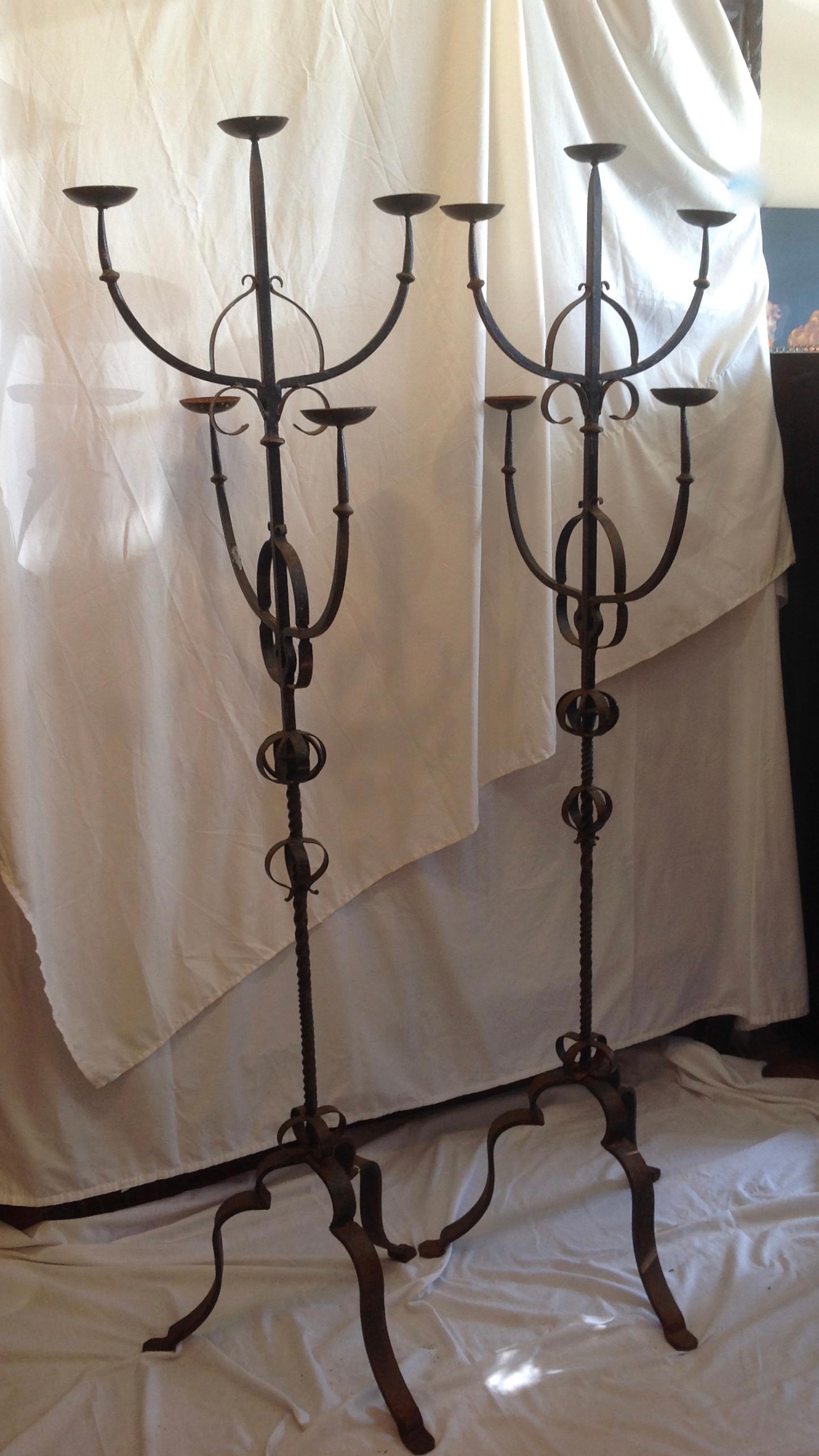 19th Century French Iron Standing Floor Candelabras with Three Arms, a ...