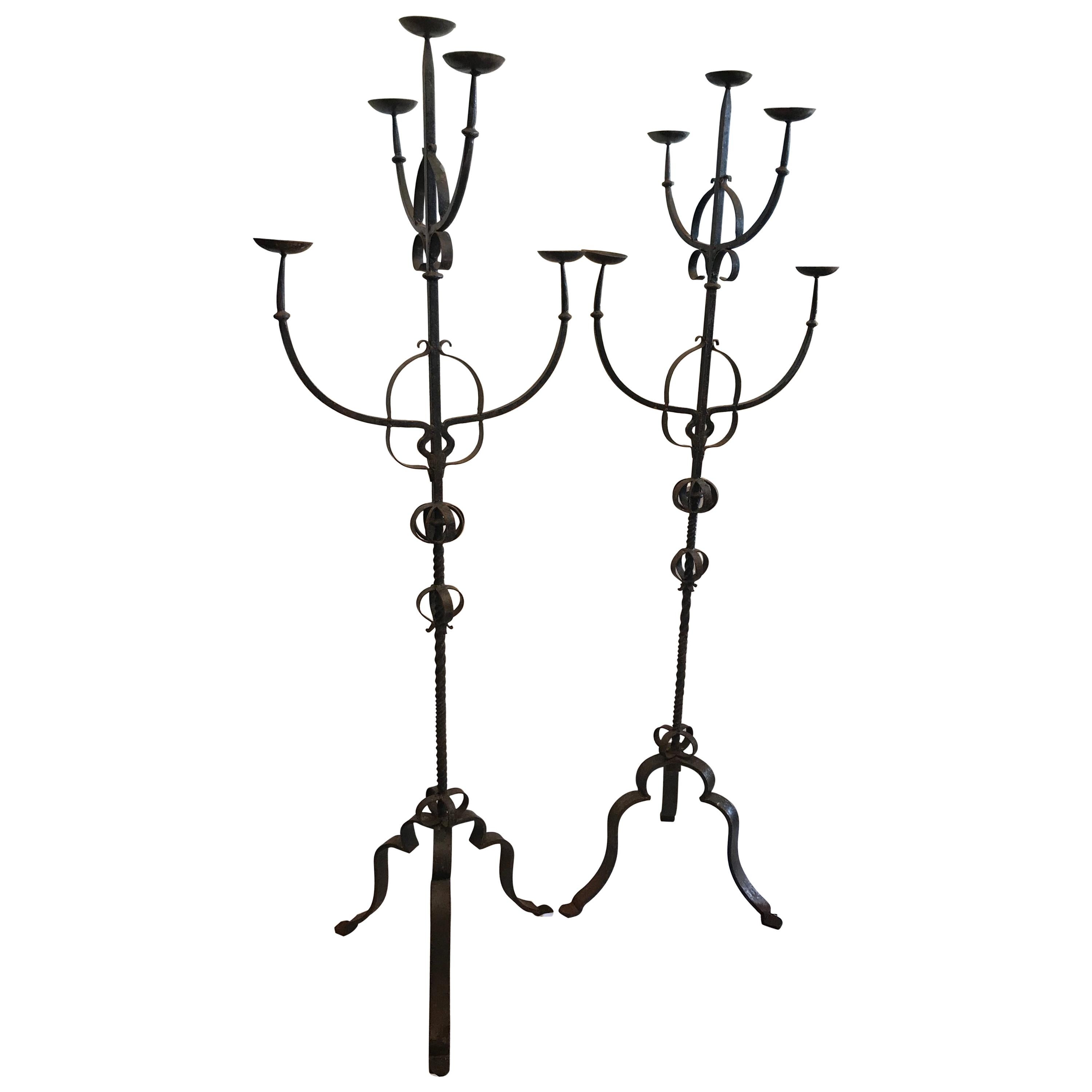 19th Century French Iron Standing Floor Candelabras with Three Arms, a ...