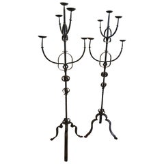 Antique 19th Century French Iron Standing Floor Candelabras with Three Arms, a Pair
