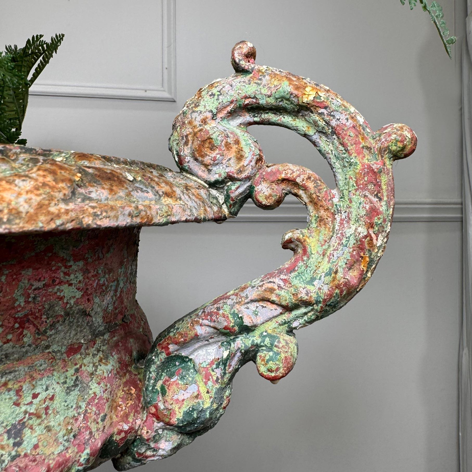 19th Century French Iron Urn with Glorious Historic Paint and Original Drainer 6