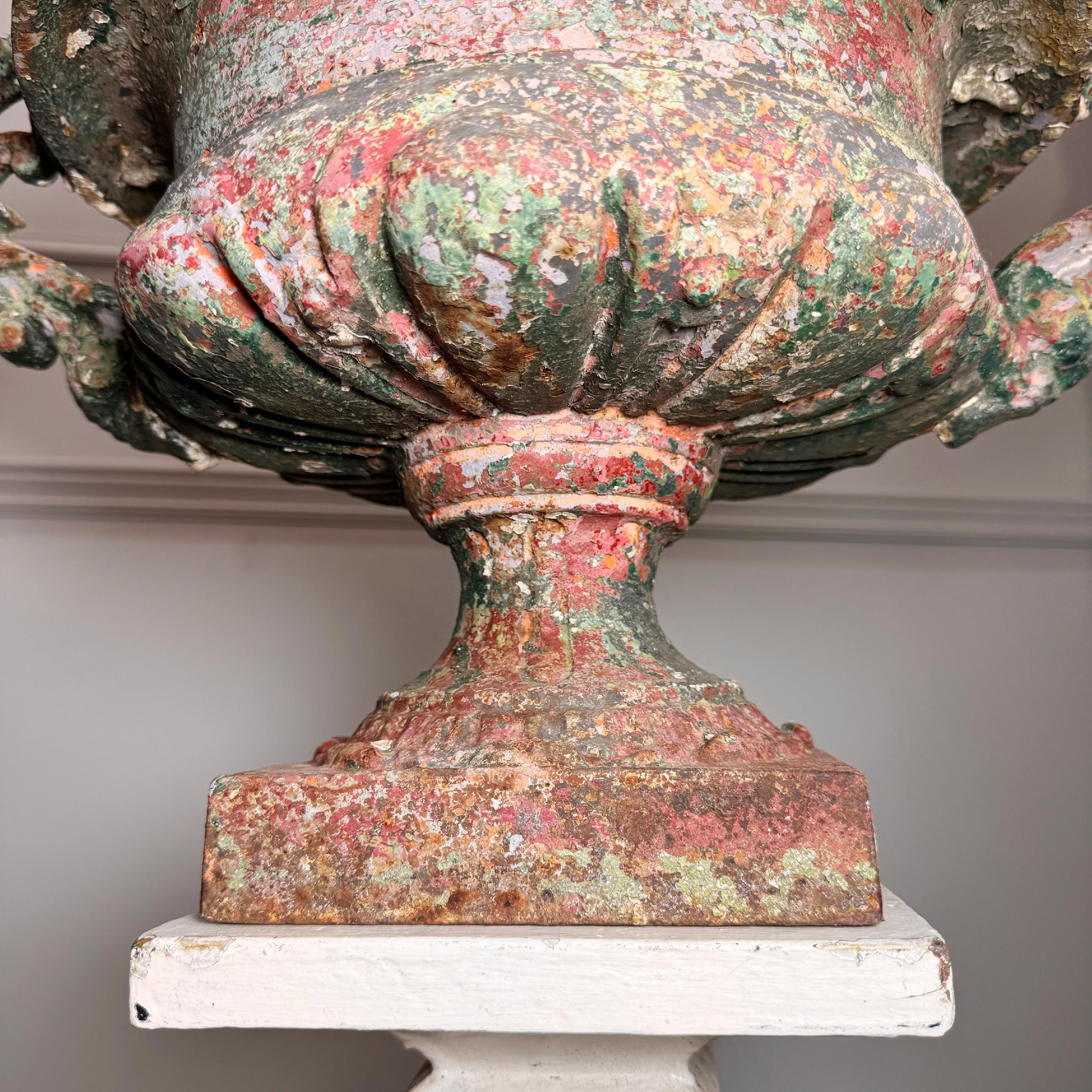 19th Century French Iron Urn with Glorious Historic Paint and Original Drainer 7