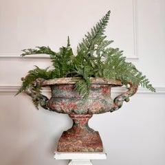 19th Century French Iron Urn with Glorious Historic Paint and Original Drainer