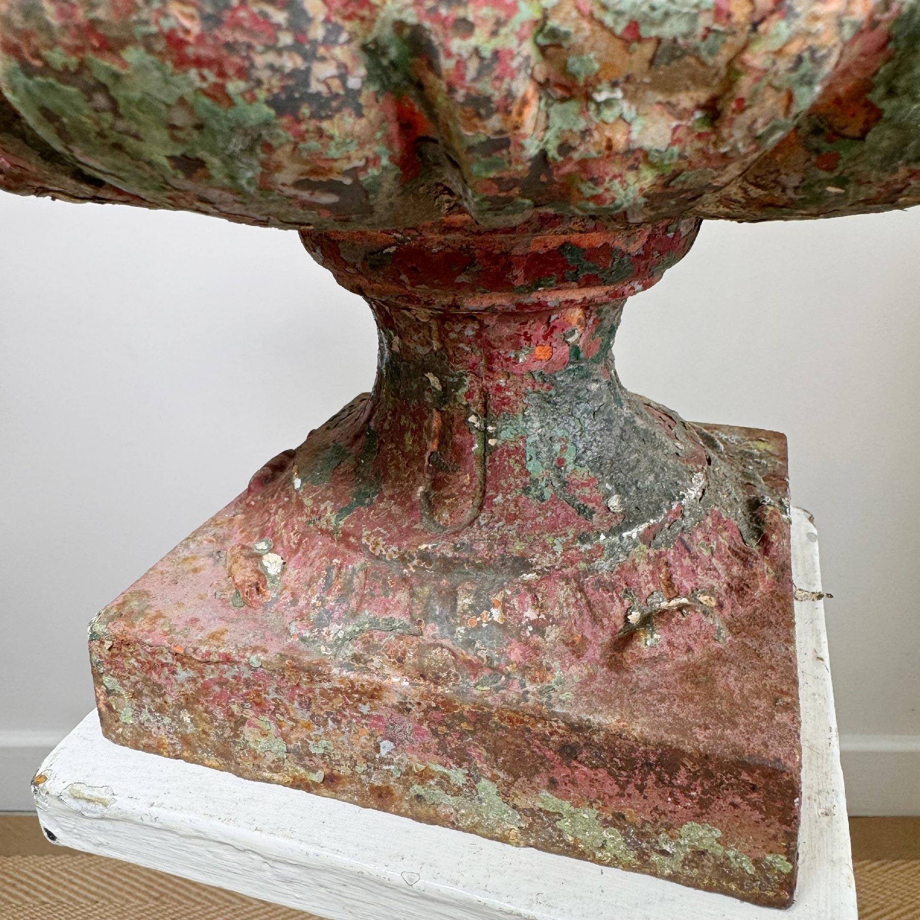 Neoclassical 19th Century French Iron Urn with Glorious Historic Paint and Original Drainer