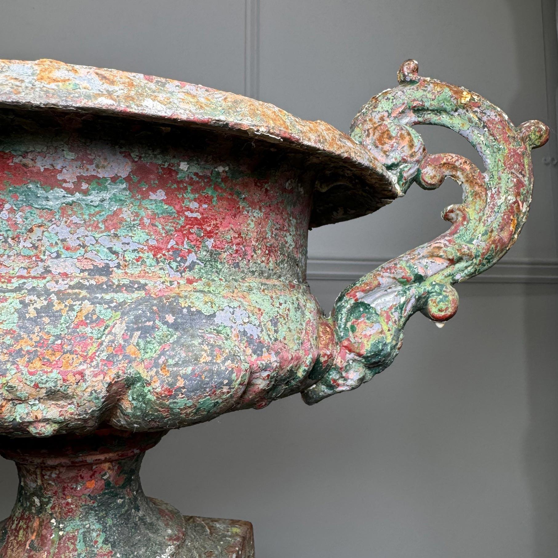 Cast 19th Century French Iron Urn with Glorious Historic Paint and Original Drainer