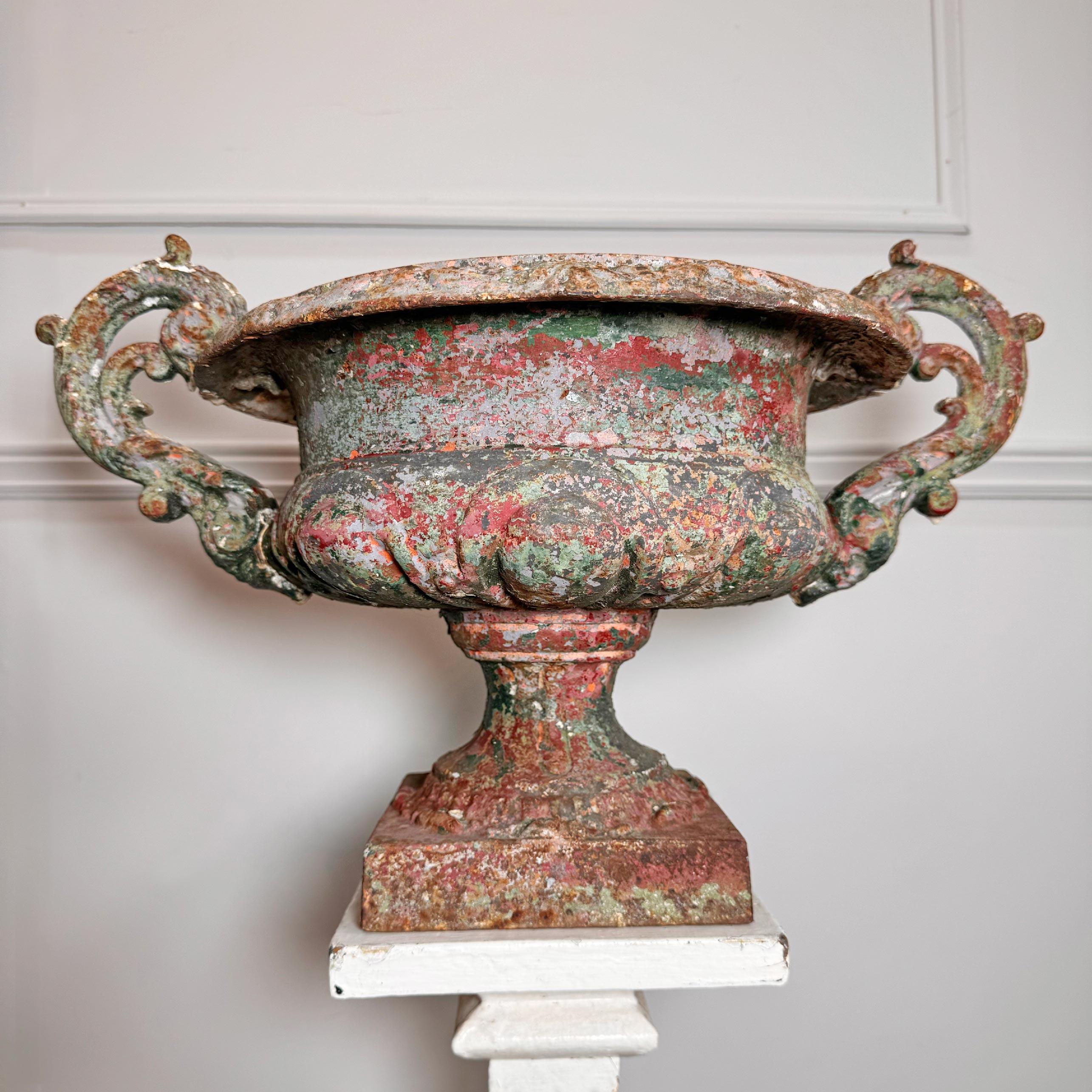 19th Century French Iron Urn with Glorious Historic Paint and Original Drainer In Good Condition In Hastings, GB