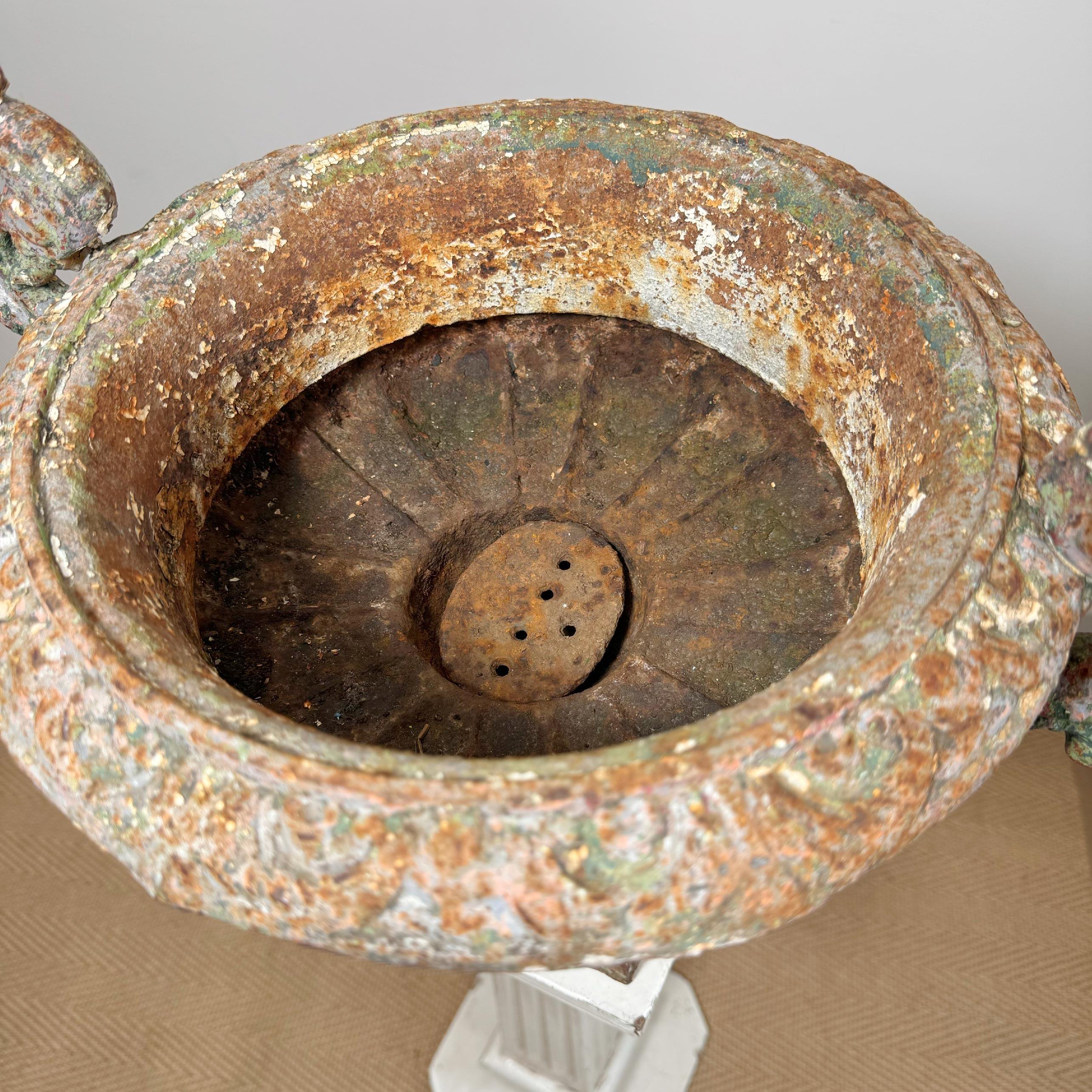 19th Century French Iron Urn with Glorious Historic Paint and Original Drainer 1