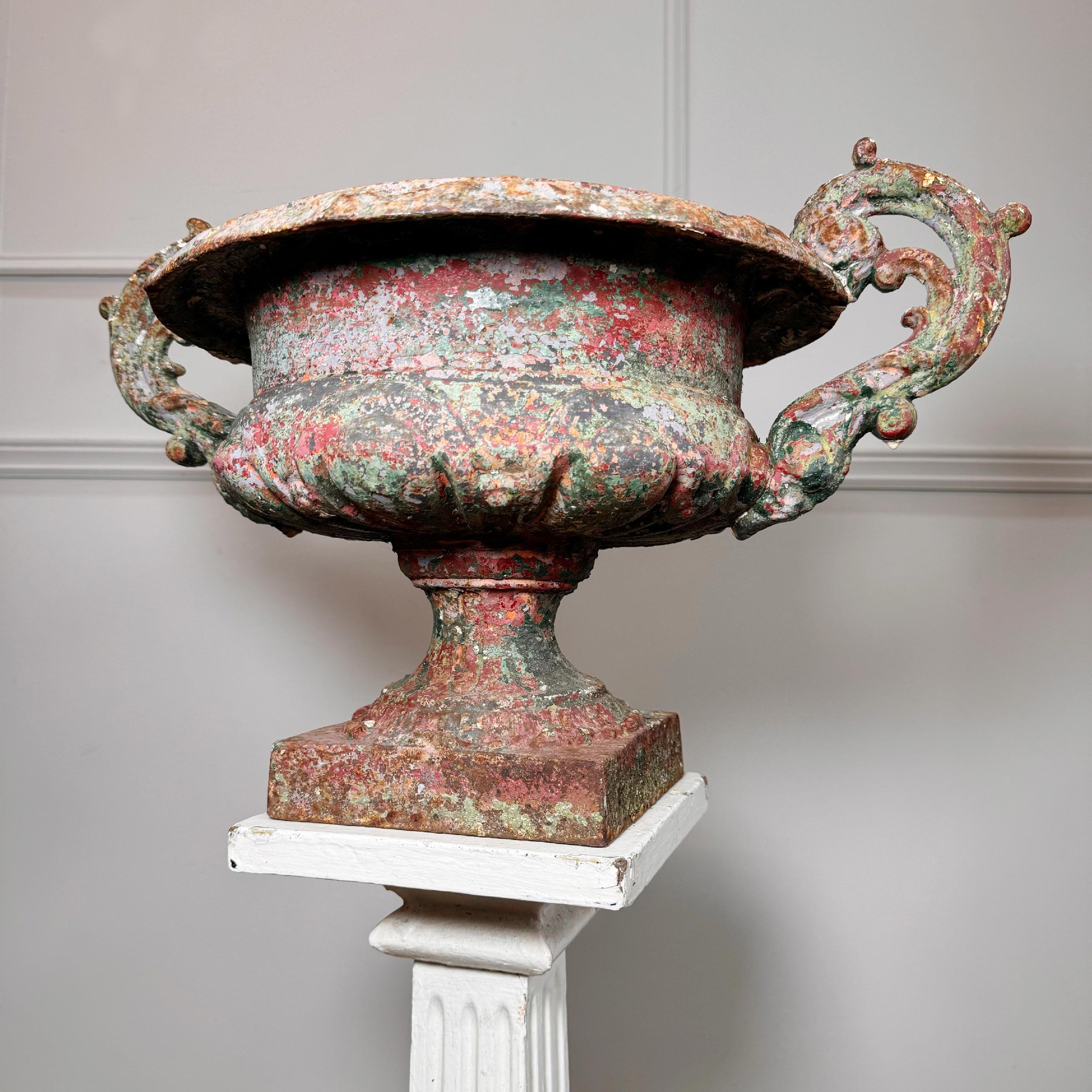 19th Century French Iron Urn with Glorious Historic Paint and Original Drainer 2