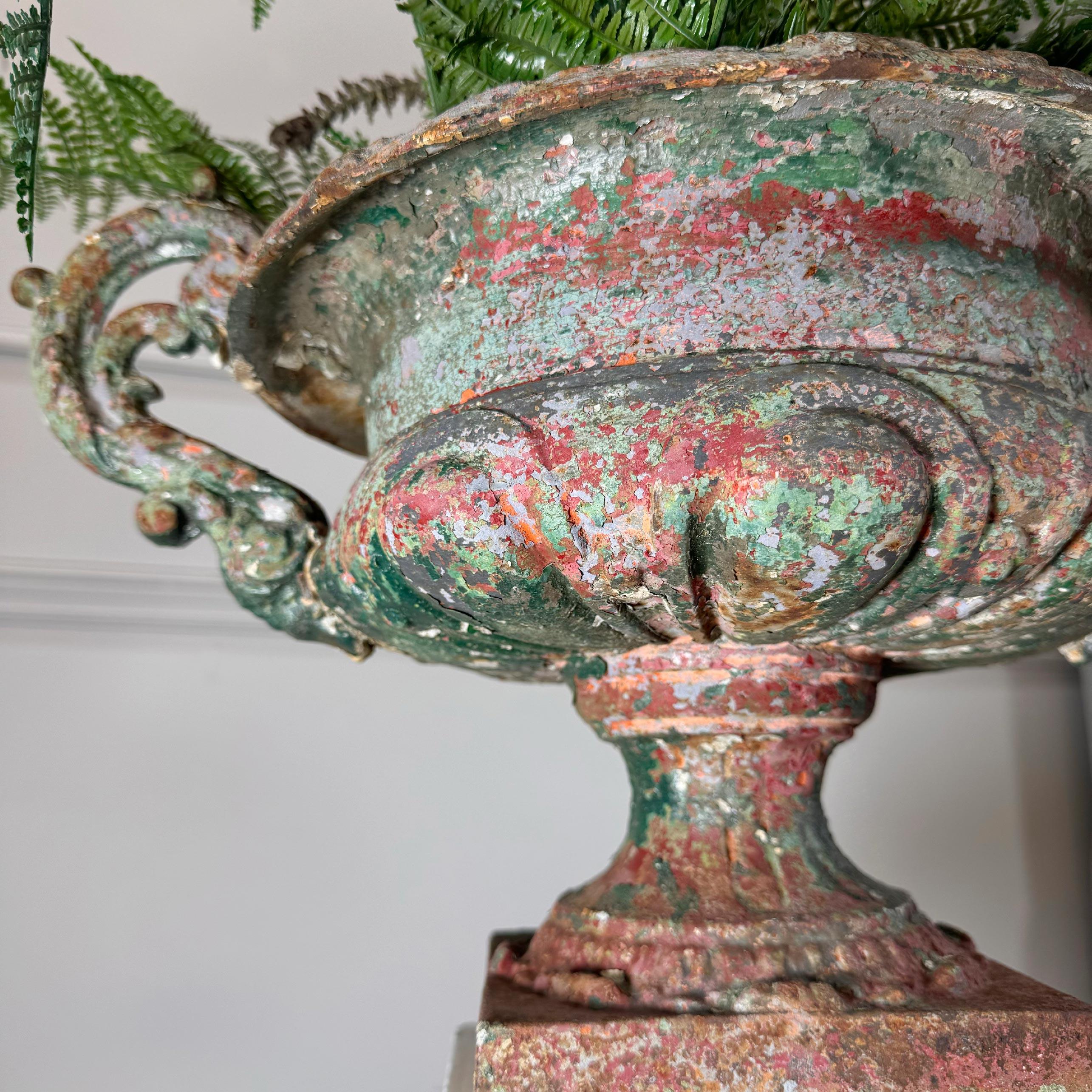 19th Century French Iron Urn with Glorious Historic Paint and Original Drainer 4