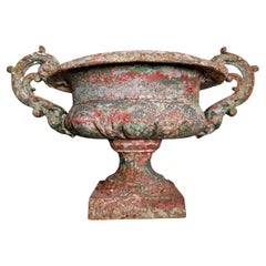 19th Century French Iron Urn with Glorious Historic Paint and Original Drainer