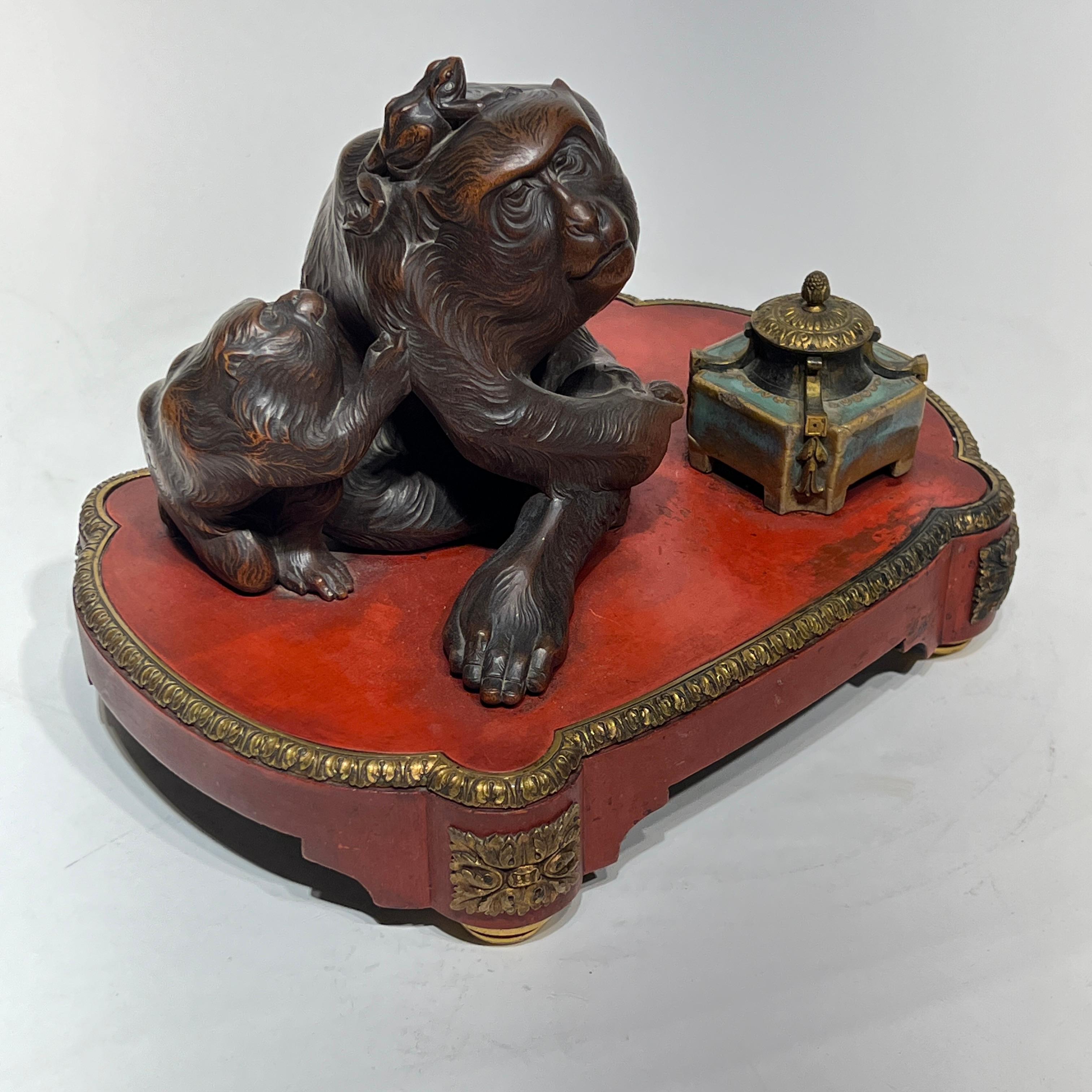 19th Century French /Japanese Inkwell with Okimono Bronze Monkey 11