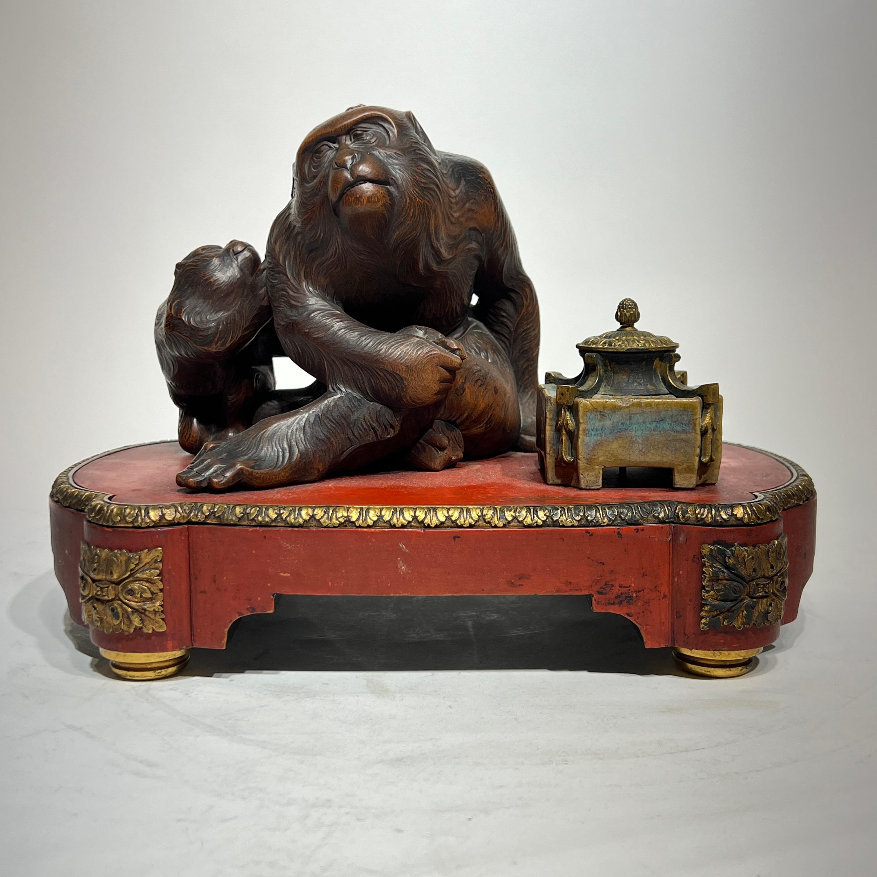 Meiji 19th Century French /Japanese Inkwell with Okimono Bronze Monkey